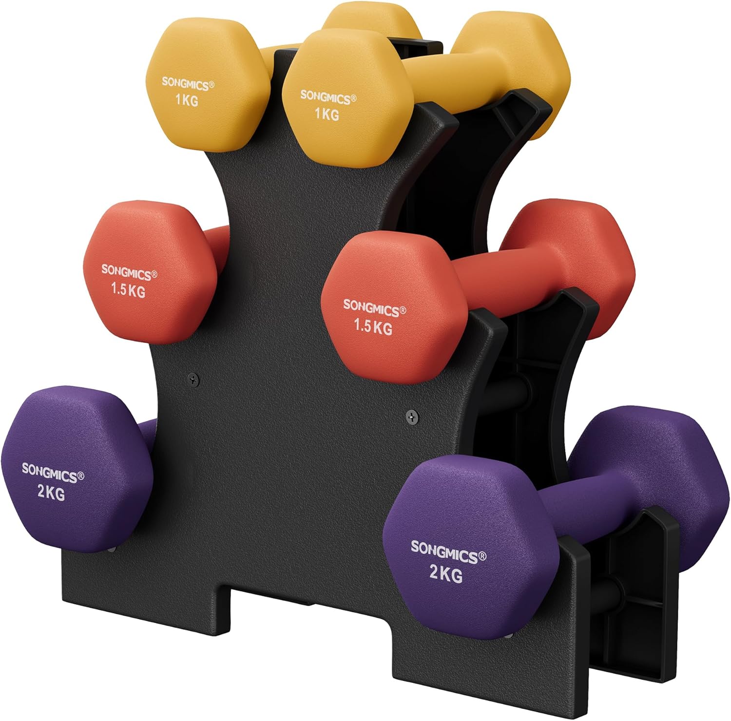 SONGMICS Hantel-Set, 3 Paar, 1kg-3kg, 9kg oder 12kg, Aufbewahrung, Fitnessstudio, Krafttraining, rutschfeste Neopren-Beschichtung
