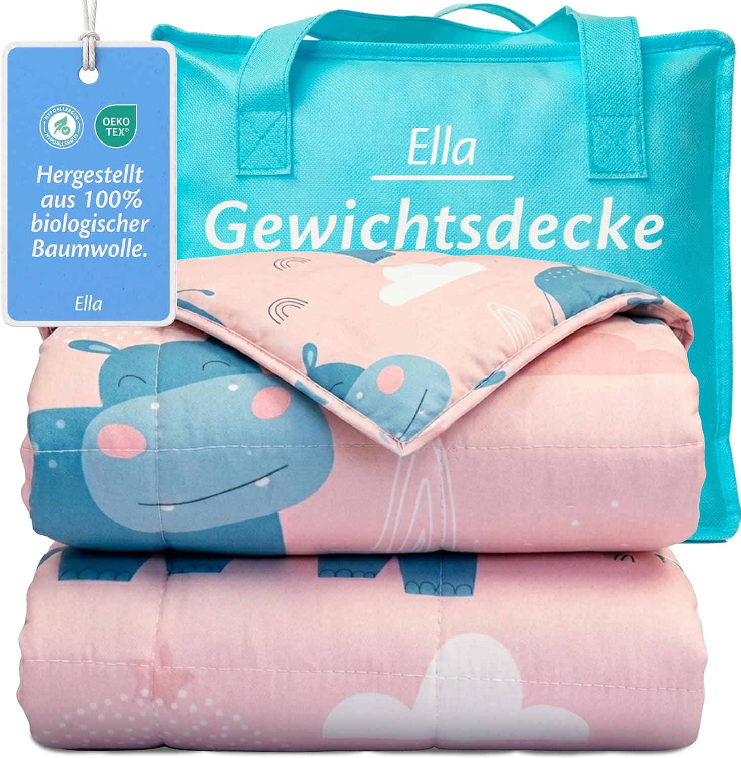 Ella Gewichtsdecke für Kinder, 2,4 kg, 90 x 120 cm – Therapiedecke zum Stressabbau und bei Angstzuständen, hypoallergene Glasperlen, weiche und kühlende Baumwoll-Außenschicht für Kinder von 15–25 kg – Nilpferd