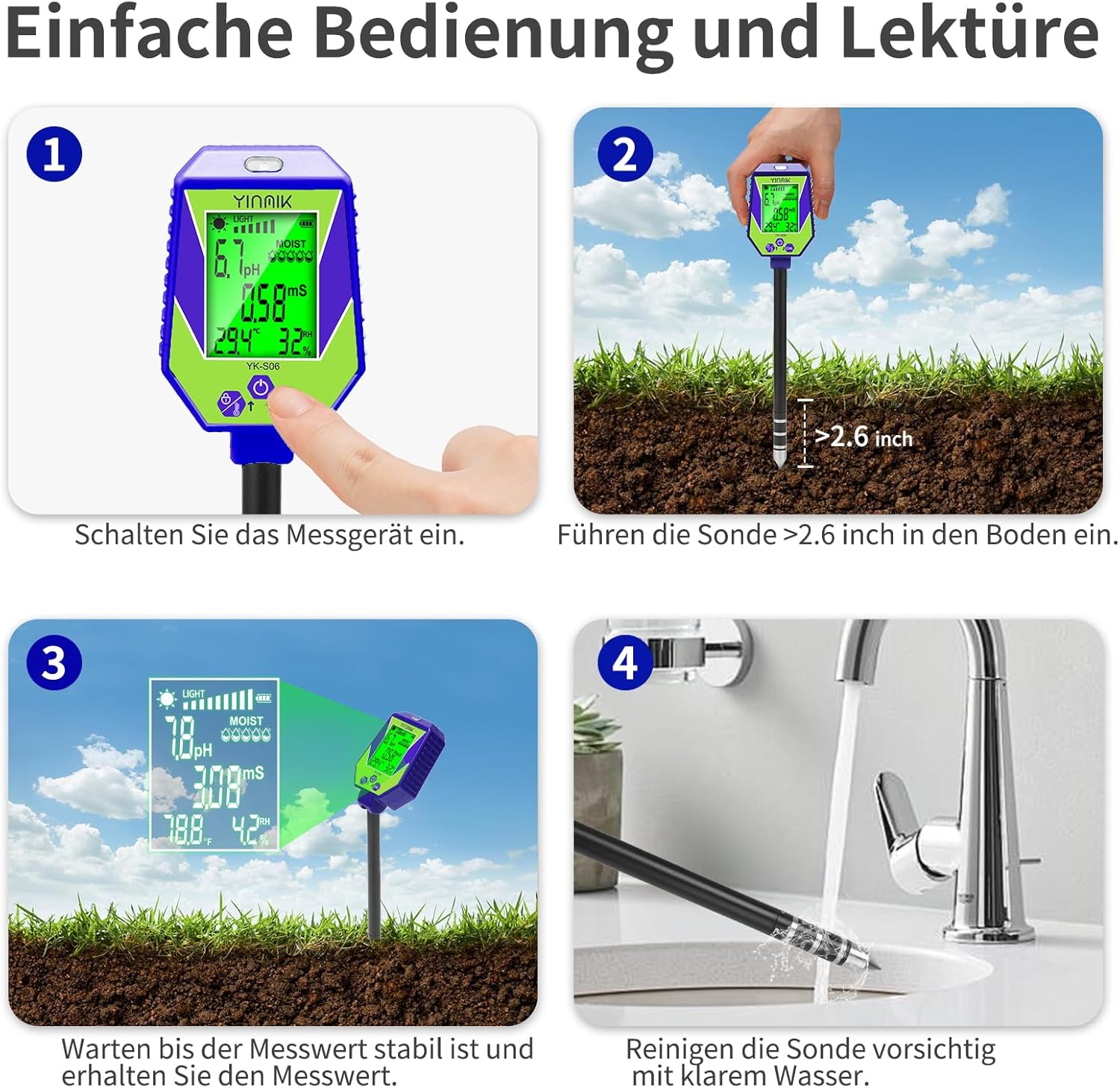 pH-Leitfähigkeitsmessgerät für Boden und Wasser, Pflanzen pH-Feuchtigkeitsmessgerät, Boden-pH-EC-Messgerät, 6-in-1-Bodentestkits für pH-Feuchtigkeit, Leitfähigkeit, Licht, Luftfeuchtigkeit, Temperatur – Bild 5