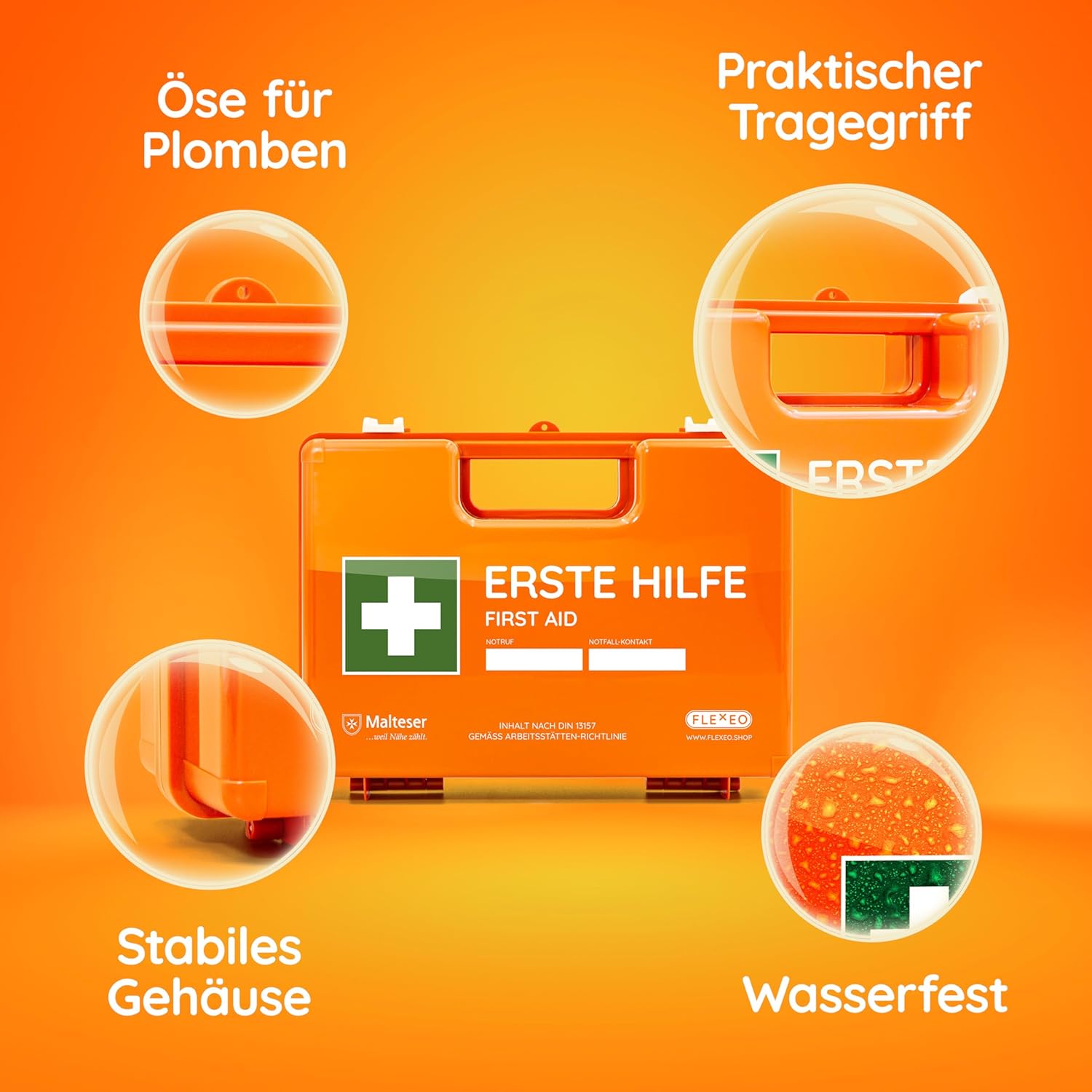 FLEXEO - Erste-Hilfe-Koffer-Set DIN 13157:2021 mit Wandhalterung, mit gefülltem WERO Pflasterspender und FLEXEO Augenspülstation inkl. 2 x 500 ml Flaschen Kochsalzlösung und Wandhalterung – Bild 4
