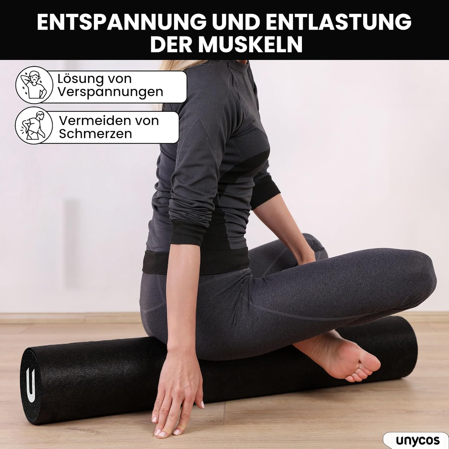 unycos – EPP-Massagerolle, leichte Schaumstoffrolle, Länge 90 cm, Durchmesser 15 cm, Zylinder für Triggerpunkt-Entlastung, Fitness, Pilates, Yoga, Fitnessstudio, Physiotherapie und Entspannung (schwarz) – Bild 4