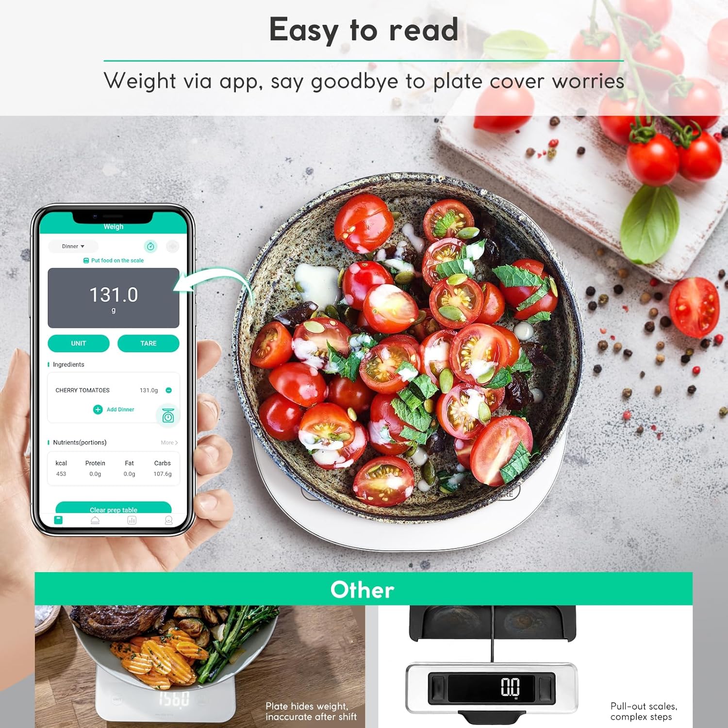 arboleaf Digitale Küchenwaage mit App, 10 kg / 0,5 g Küchenwaage Bluetooth mit Kalorienzähler, Ernährungswaage USB wiederaufladbar, grammgenaue Lebensmittelwaage mit Sicherheitsglas und Tara-Funktion (weiß) – Bild 3