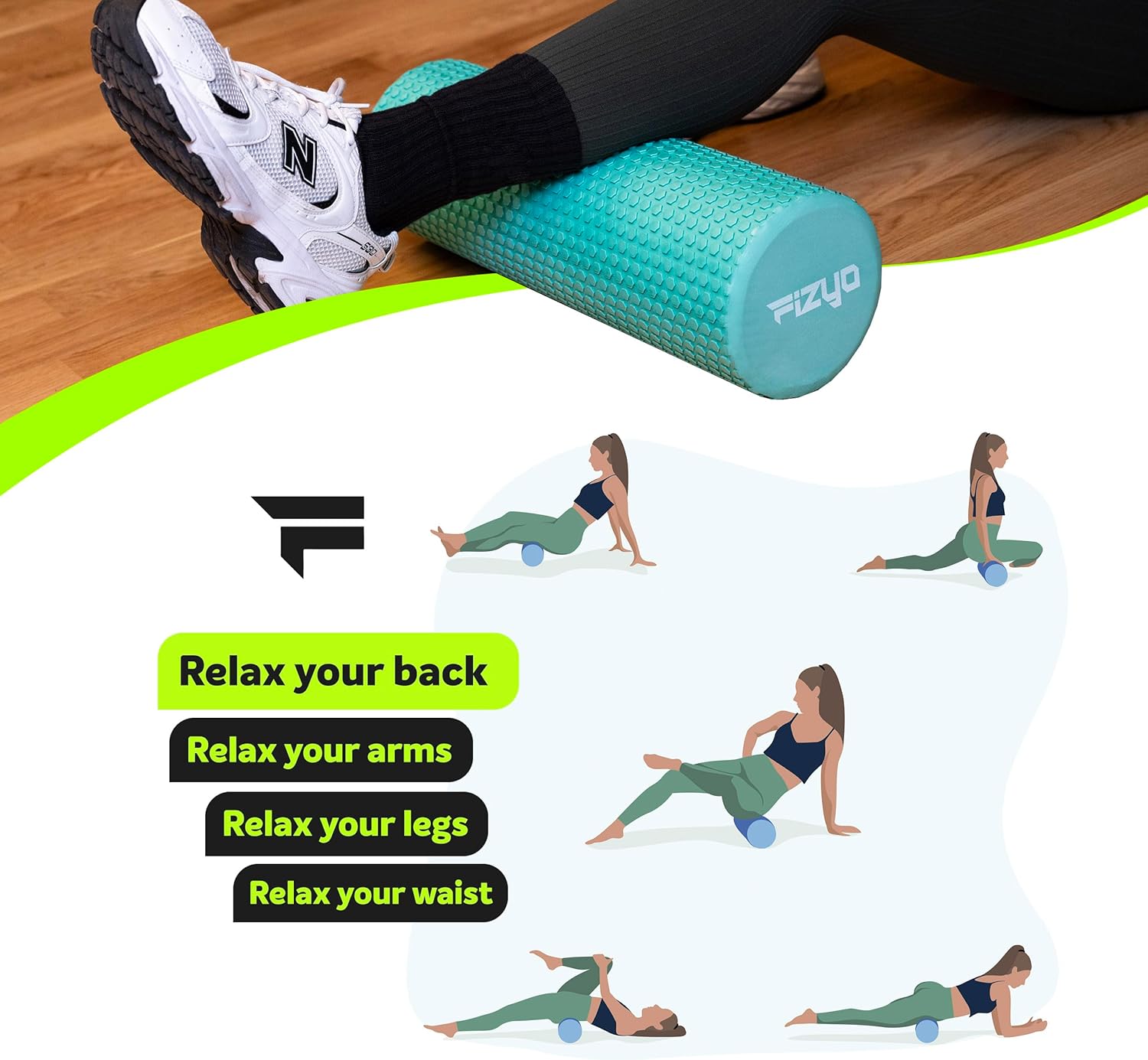 Fizyo Faszienrolle, Pilates-Rolle für Faszienmassage, Yoga-Rolle für Wirbelsäule, EVA-Faszienrolle für Fitness, Yoga & Rehabilitation, Grün, 30 x 15 cm – Bild 10