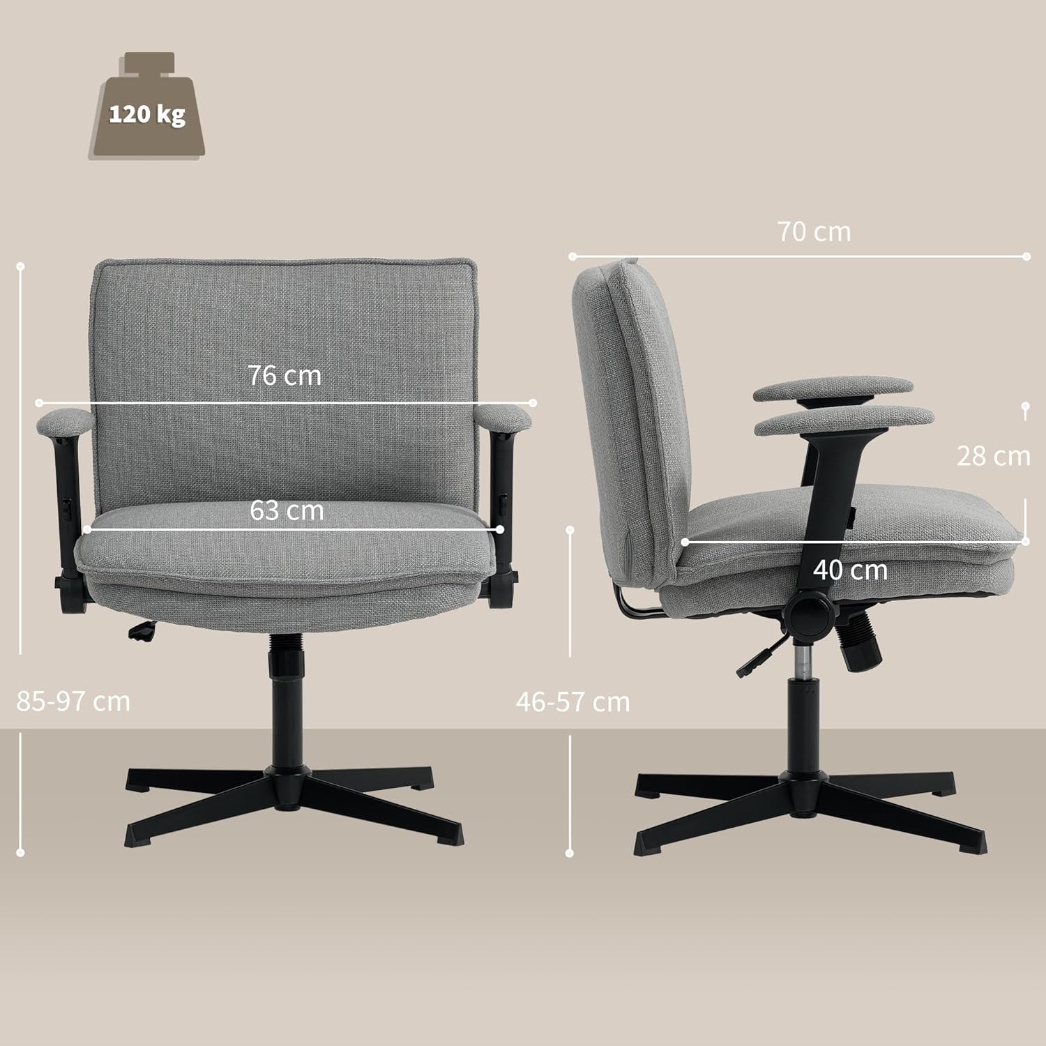 HOMCOM Bürostuhl, Schreibtischstuhl mit klappbaren Armlehnen, breite Sitzfläche, höhenverstellbar, maßgeschneiderter Sitz, Drehstuhl mit Leinenoptik, für Home Office, Grau – Bild 3