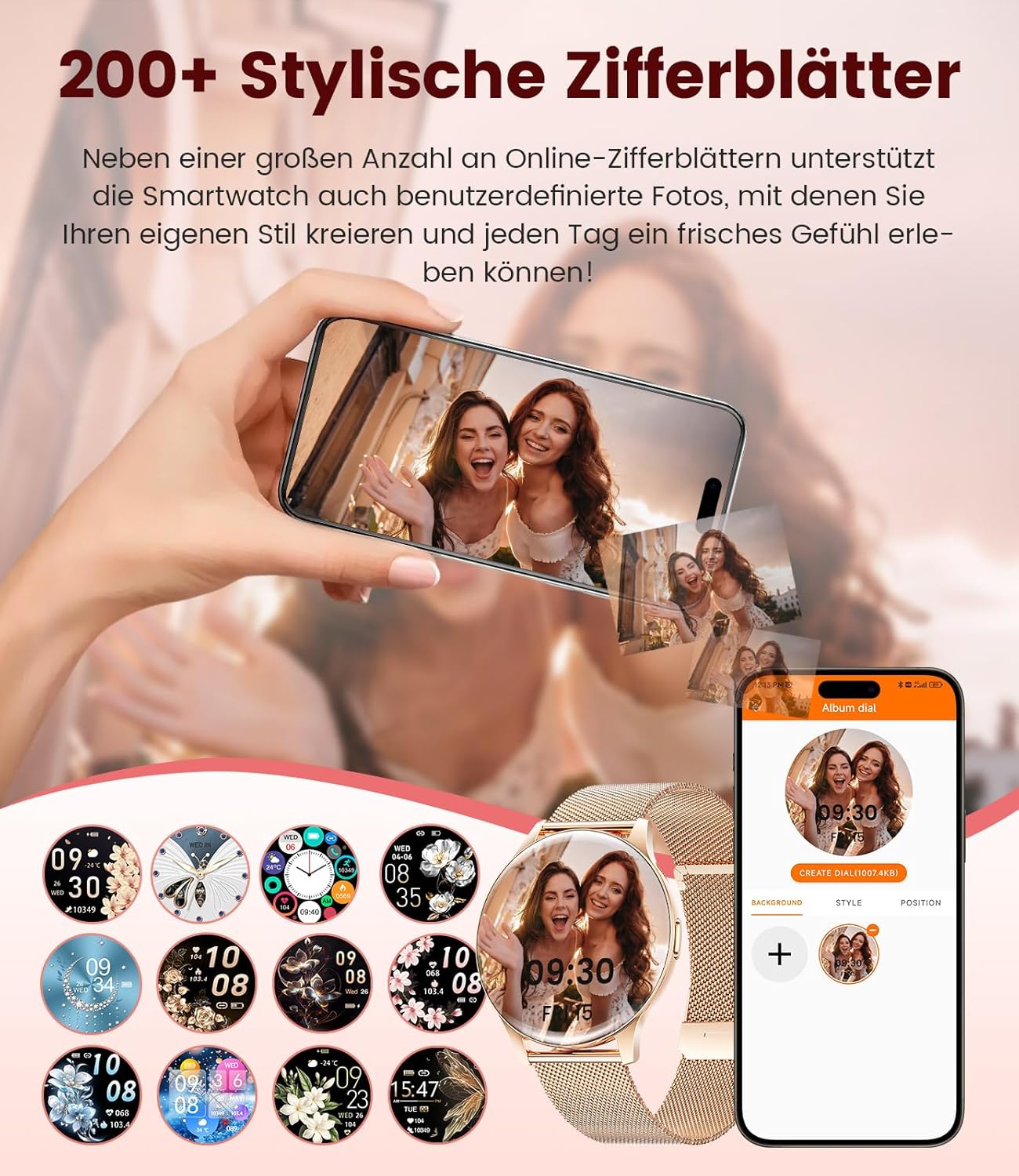 Damen-Smartwatch mit Anrufen – 7,99 mm ultradünne elegante Fitnessuhr mit 1,43 Zoll HD Always-On-Display, IP68 wasserdicht, 100+ Sportmodi, Damengesundheit für iOS Android, Roségold – Bild 7
