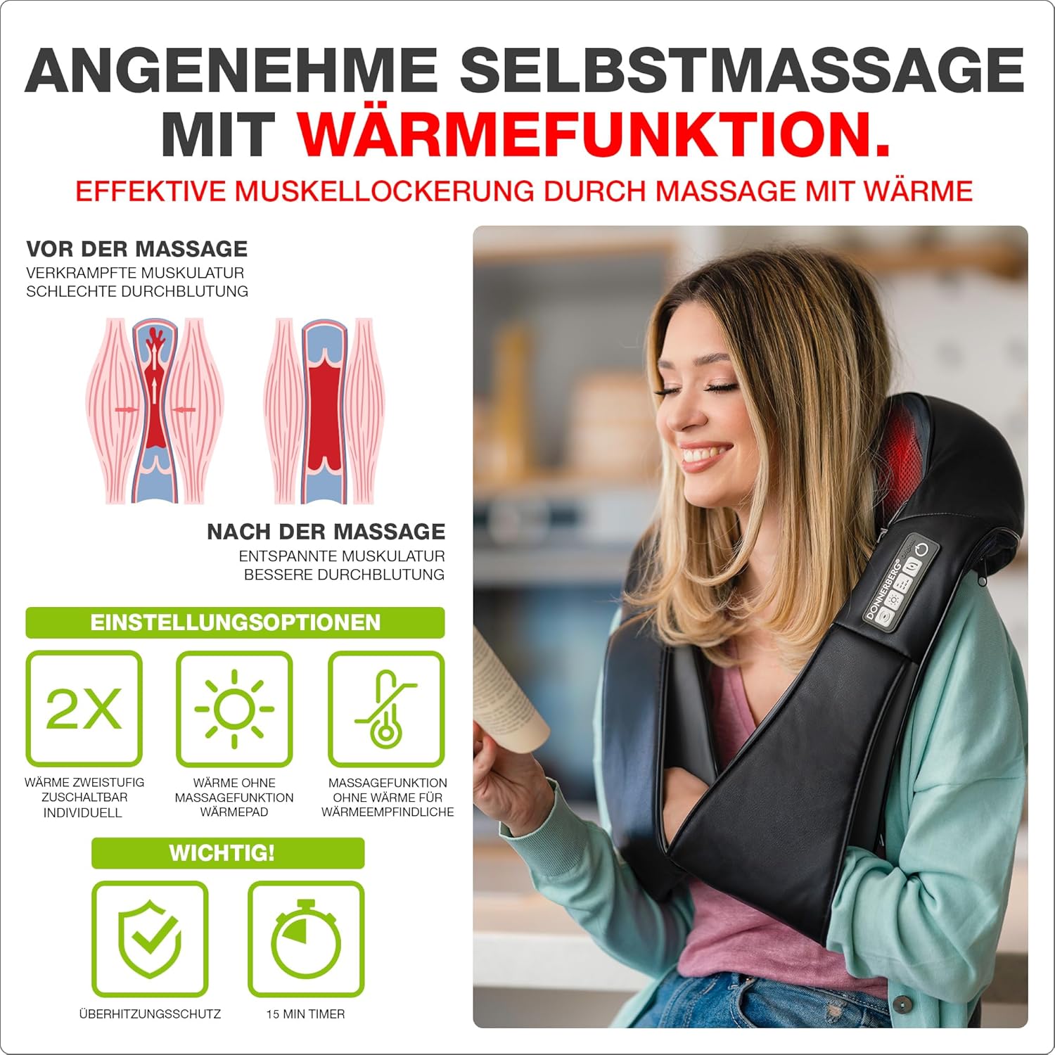 DONNERBERG Das Original Nackenmassagegerät mit Wärme, 7 Jahre Power-Motor-Garantie, Shiatsu-Massagegerät für Nacken-Schulter-Massage, Vibration, TÜV-geprüft – Bild 4