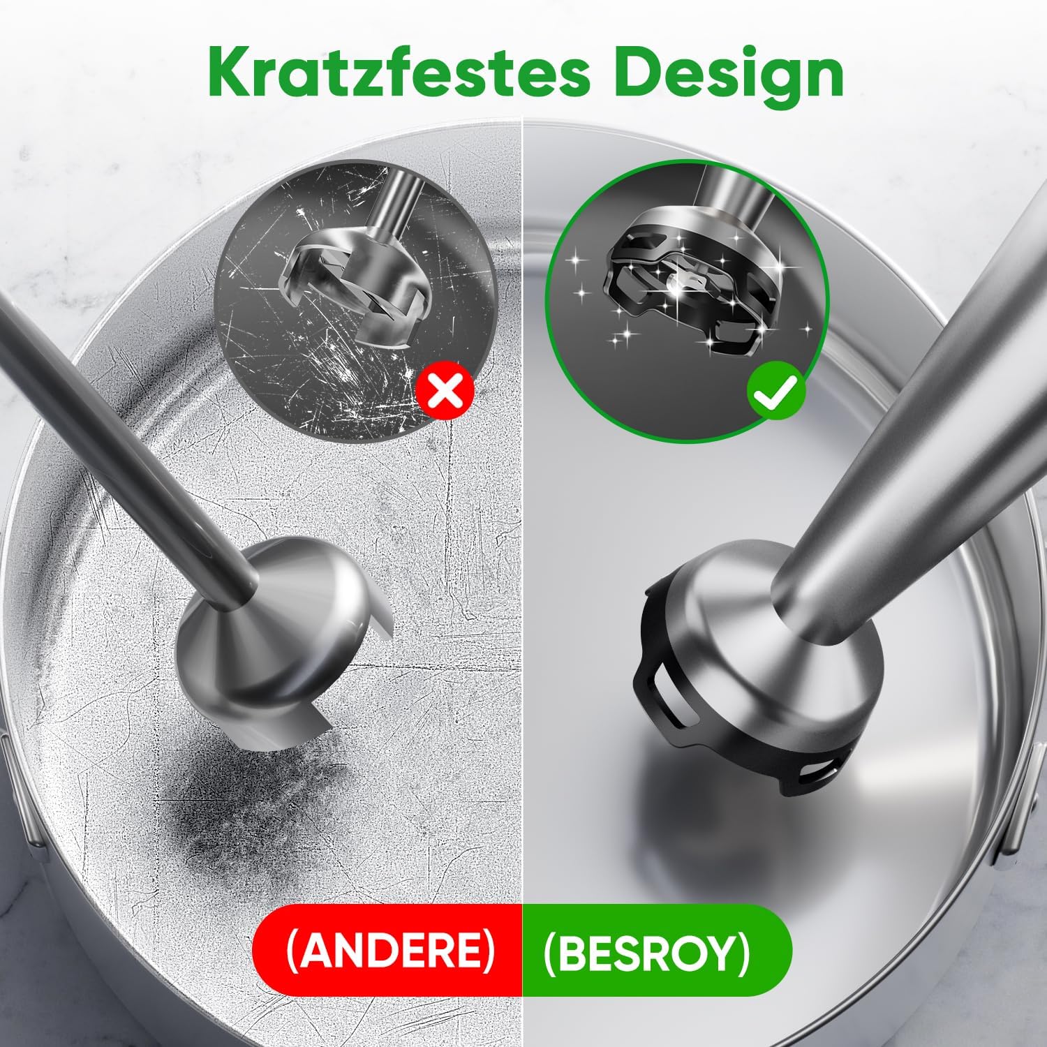 BESROY Stabmixer-Set 5 in 1, 1100 W elektrischer Pürierstab, stufenlose Geschwindigkeit, Edelstahl-Stabmixer mit Zerkleinerer, Schneebesen, Milchaufschäumer und Messbecher, ideal für Suppen, Smoothies – Bild 4