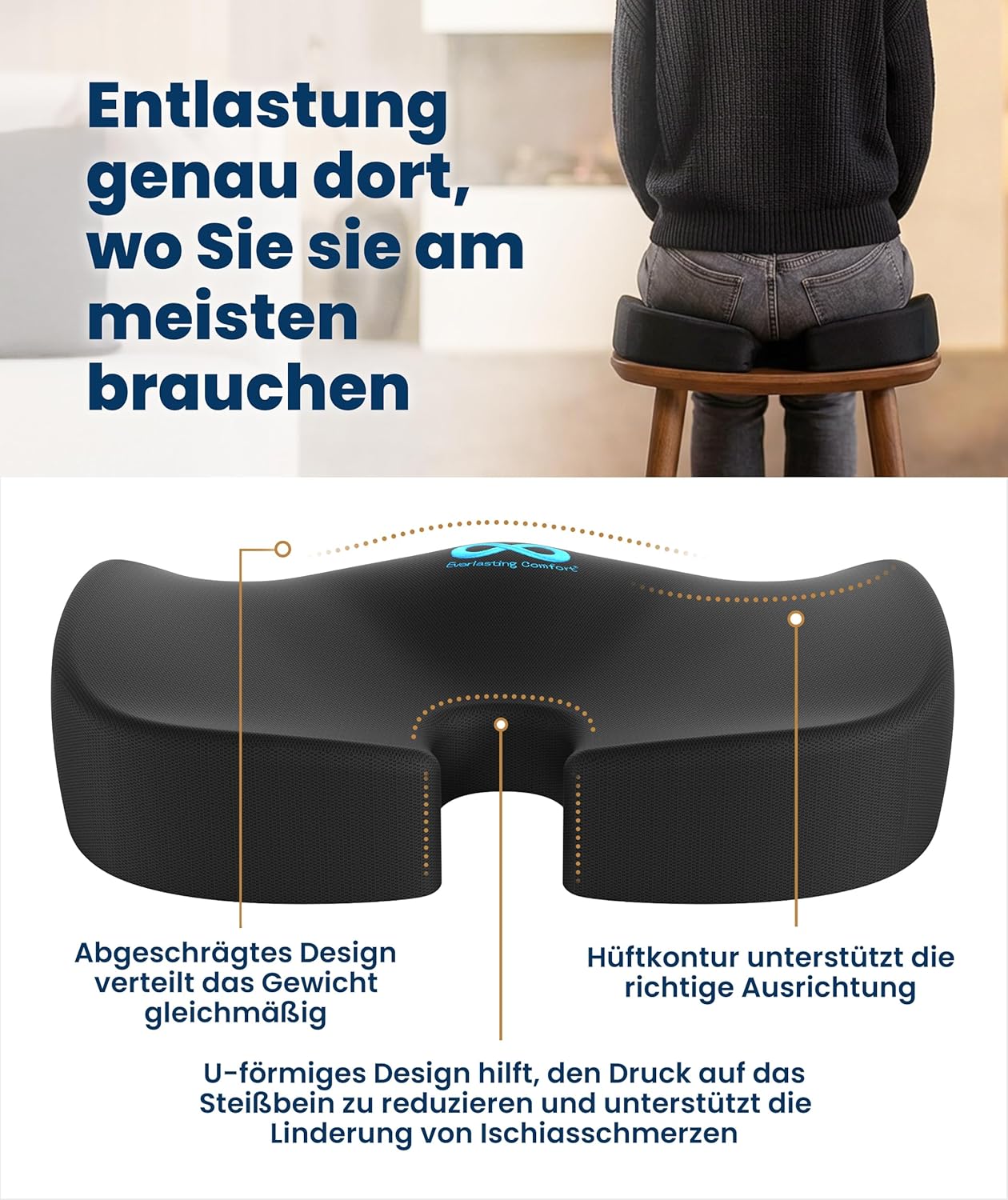 Everlast Comfort Memory Foam-Kissen ergonomisch – Sitzkissen und Rückenkissen für Bürostuhl und Auto – orthopädische Unterstützung für Haltung, Wirbelsäule, Steißbein und Lendenwirbelsäule – Bild 3