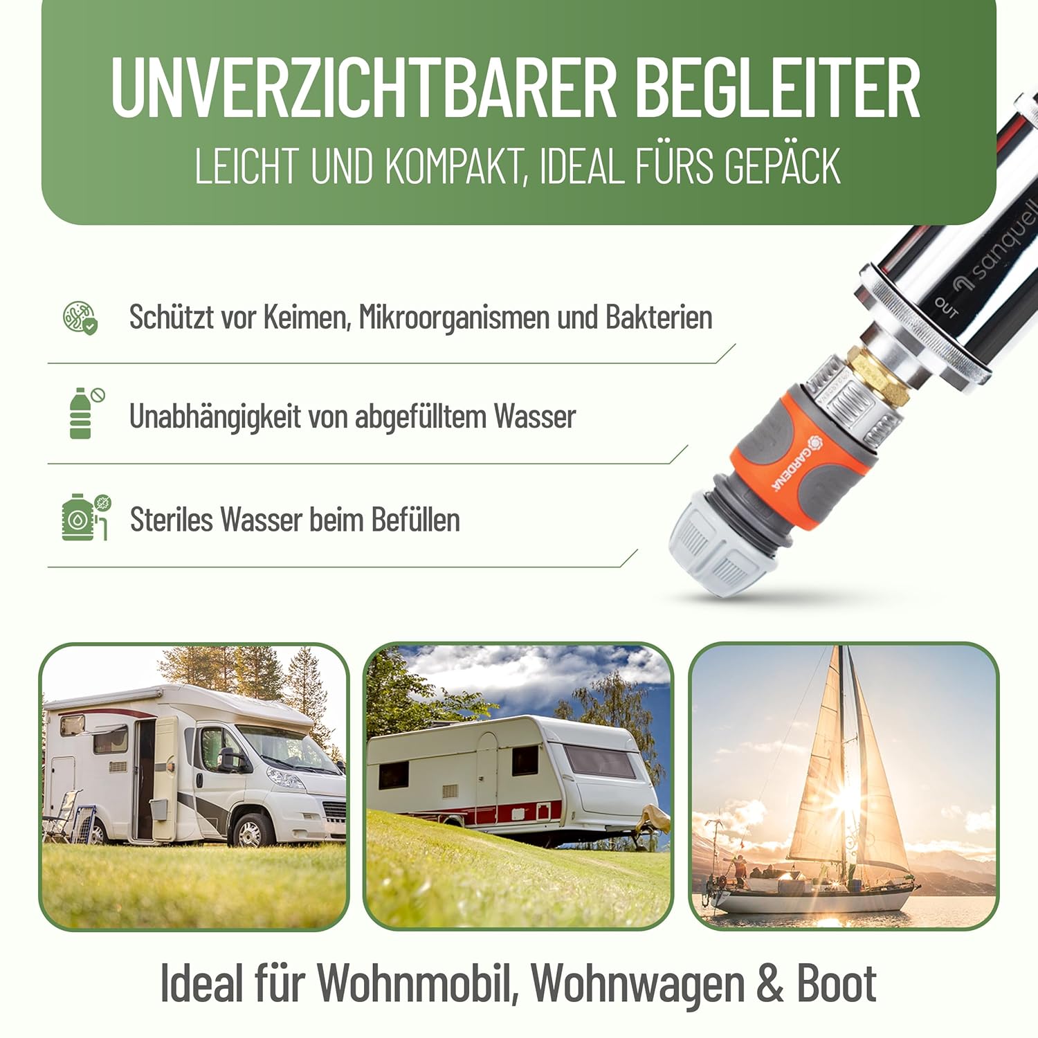 Wasserfilter Camping Wohnmobil, Caravan Explorer | Keimbarriere | Medizintechnik | Sauberes Trinkwasser für unterwegs | Einfüllfilter für Frischwassertank | Komplettset | Bis zu 8 Liter/Minute | Silber – Bild 4