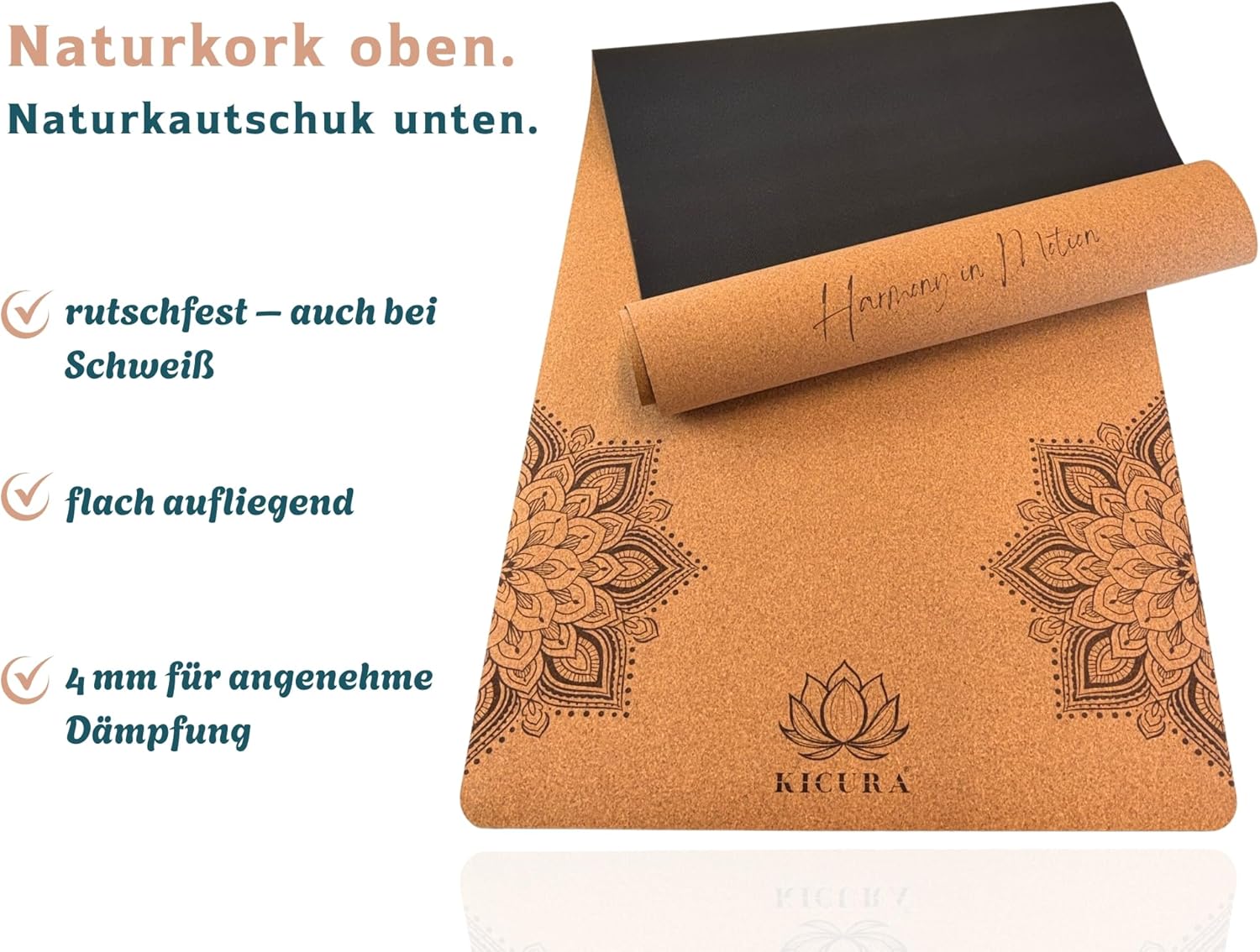 Yoga-Matte aus Kork & Naturkautschuk mit Elefanten-Mandala – rutschfeste Premium-Matte, 4 mm dick, mit Tragegurt, in 3 Größen – Bild 3