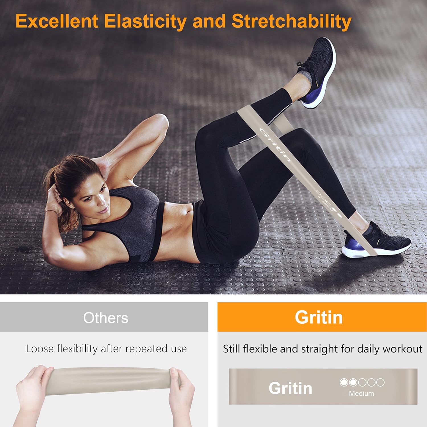 Gritin Fitnessbänder (5er Set) Widerstandsbänder mit 5 Stufen, 100% Latex Fitnessband Widerstand mit deutscher Übungsanleitung und Tragetasche, Gymnastikband für Muskelaufbau, Yoga – Bild 4