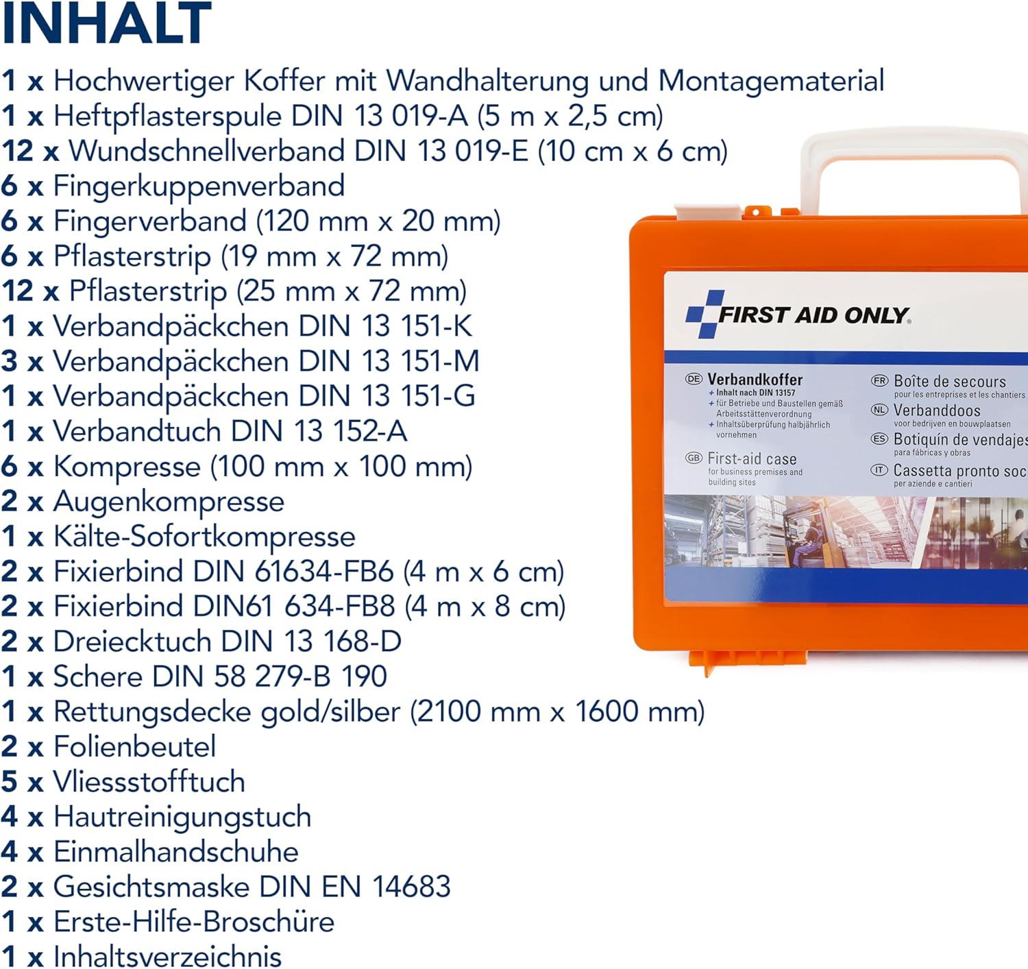 First Aid Only Erste-Hilfe-Koffer DIN 13157 mit Wandhalterung, kompakter Erste-Hilfe-Kasten für Betriebe und Haushalte, gefüllt nach DIN 13157:2021, inklusive Tragegriff und Montagematerial P-51002 00 – Bild 5