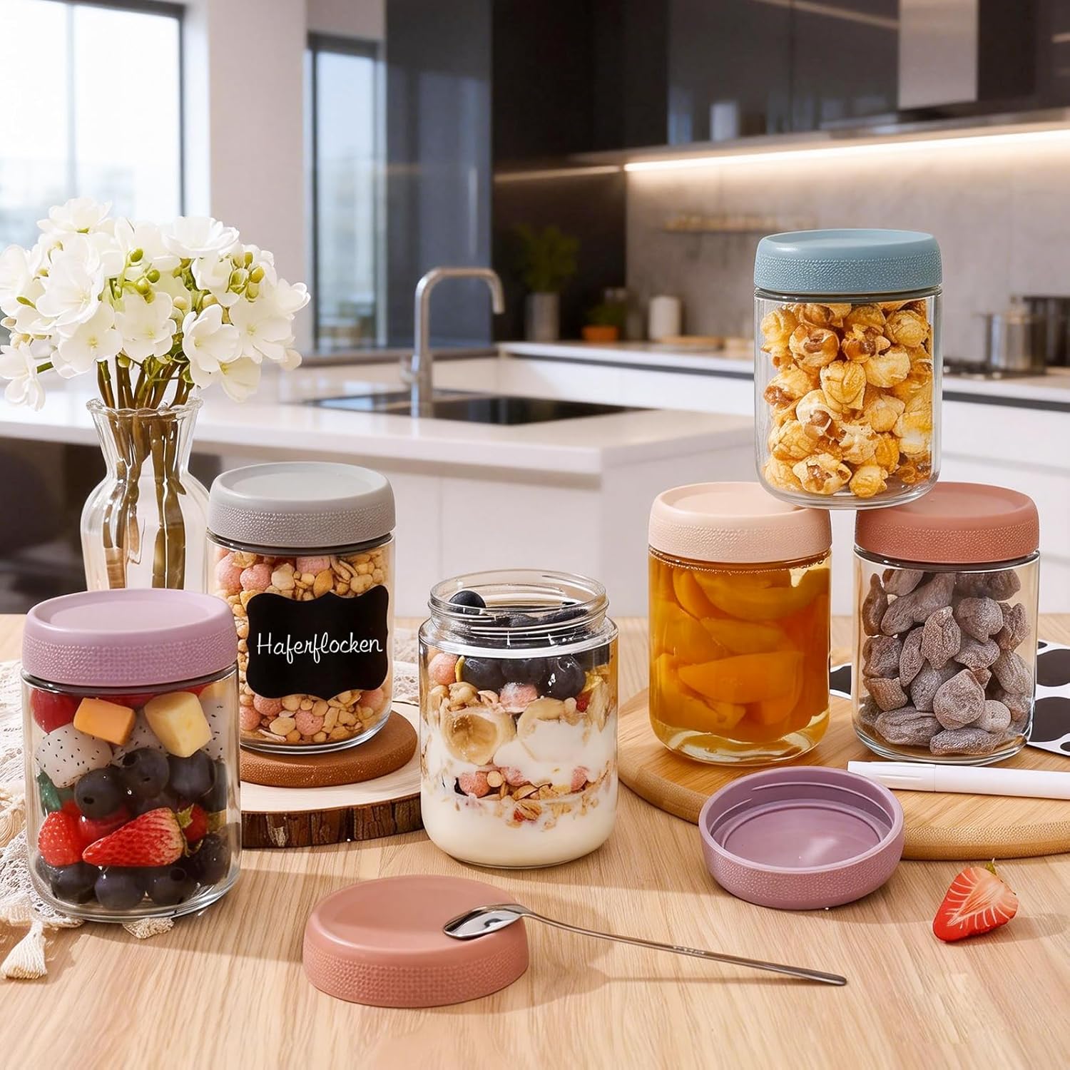 6 x Overnight Oats Gläser, 500 ml Meal Prep Gläser, Einmachgläser mit Schraubdeckel, Gläser mit Deckel sind geeignet für Joghurt, Salat, Marmelade, Müsli und – Bild 6