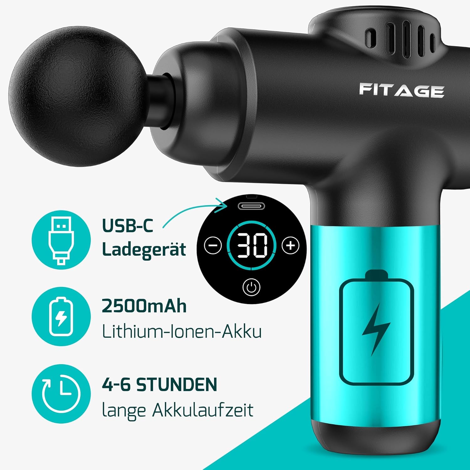 FITAGE Massagepistole, leises Massagegerät mit 30 einstellbaren Geschwindigkeitsstufen, Massagepistole, 8 Aufsätze für Tiefengewebe, Schulter, Rücken und Ganzkörperentspannung, Massagepistole – Mini – Bild 5