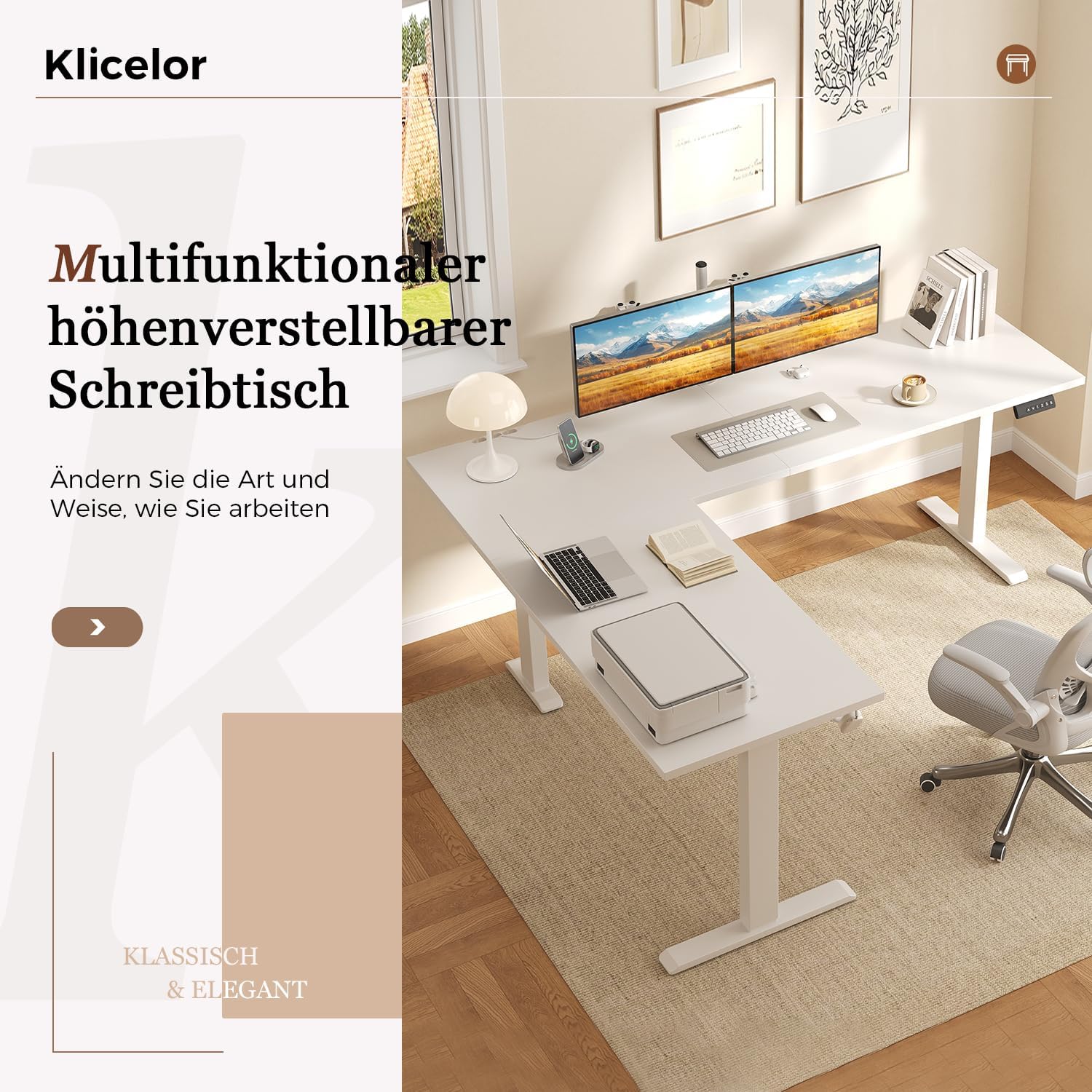 Klicelor L-förmiger elektrischer Schreibtisch, höhenverstellbar, 190 x 155 cm, L-förmiger Stehschreibtisch mit 3 Memory-Funktionen und Antikollisionstechnologie, ergonomischer Computertisch, weiß – Bild 3