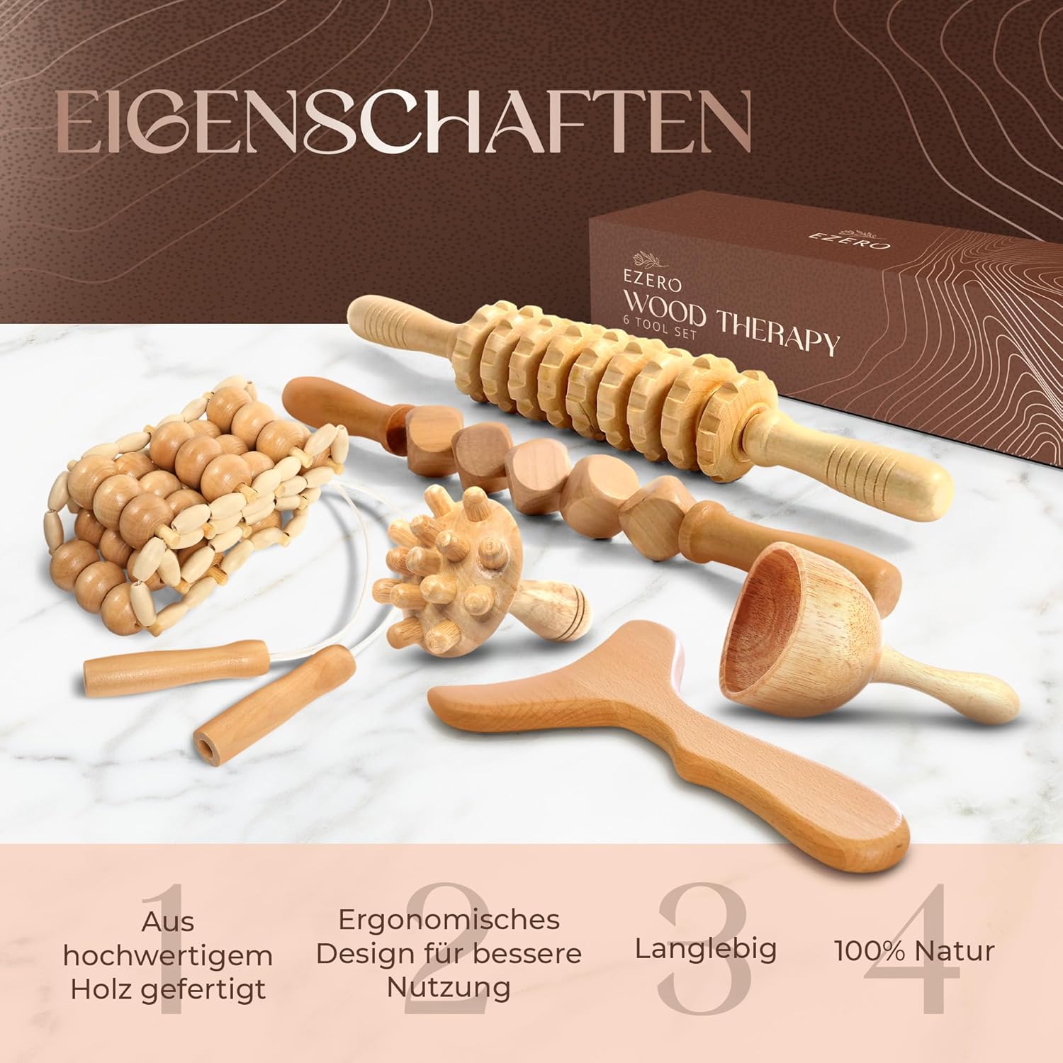 Ezero Maderotherapy 6er-Set – Professionelles Maderotherapy-Massageset aus Holz & Holztherapie-Massagewerkzeuge mit Faszienstab – für Lymphdrainage, Anti-Cellulite-Massage und Körperformung – Bild 2