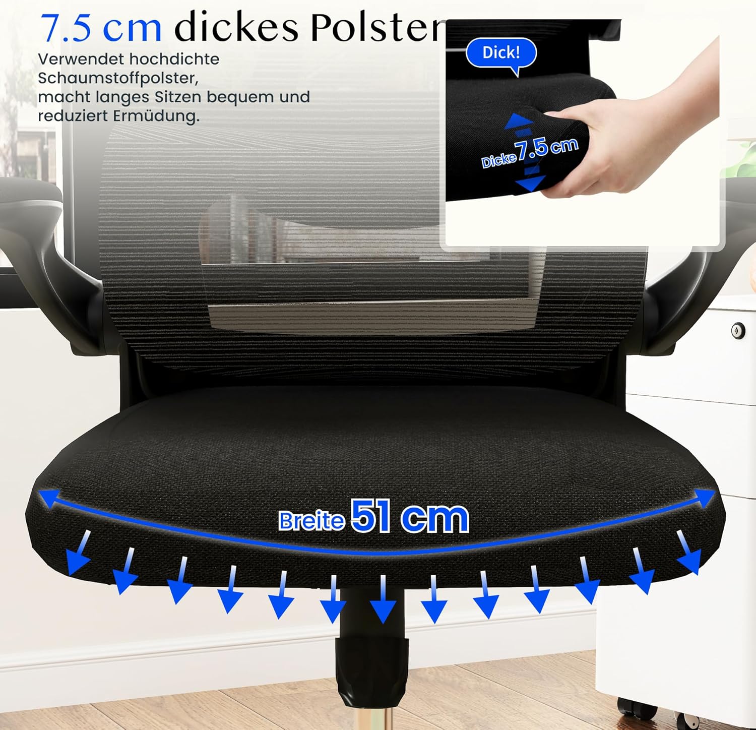 FLEXISPOT Ergonomischer Bürostuhl, Schreibtischstuhl mit 2D-Kopfstütze, klappbaren Armlehnen & dynamischer Lordosenstütze, Stuhl mit 120°-Wippfunktion für Home Office, Arbeitszimmer, Büro (Schwarz) – Bild 8