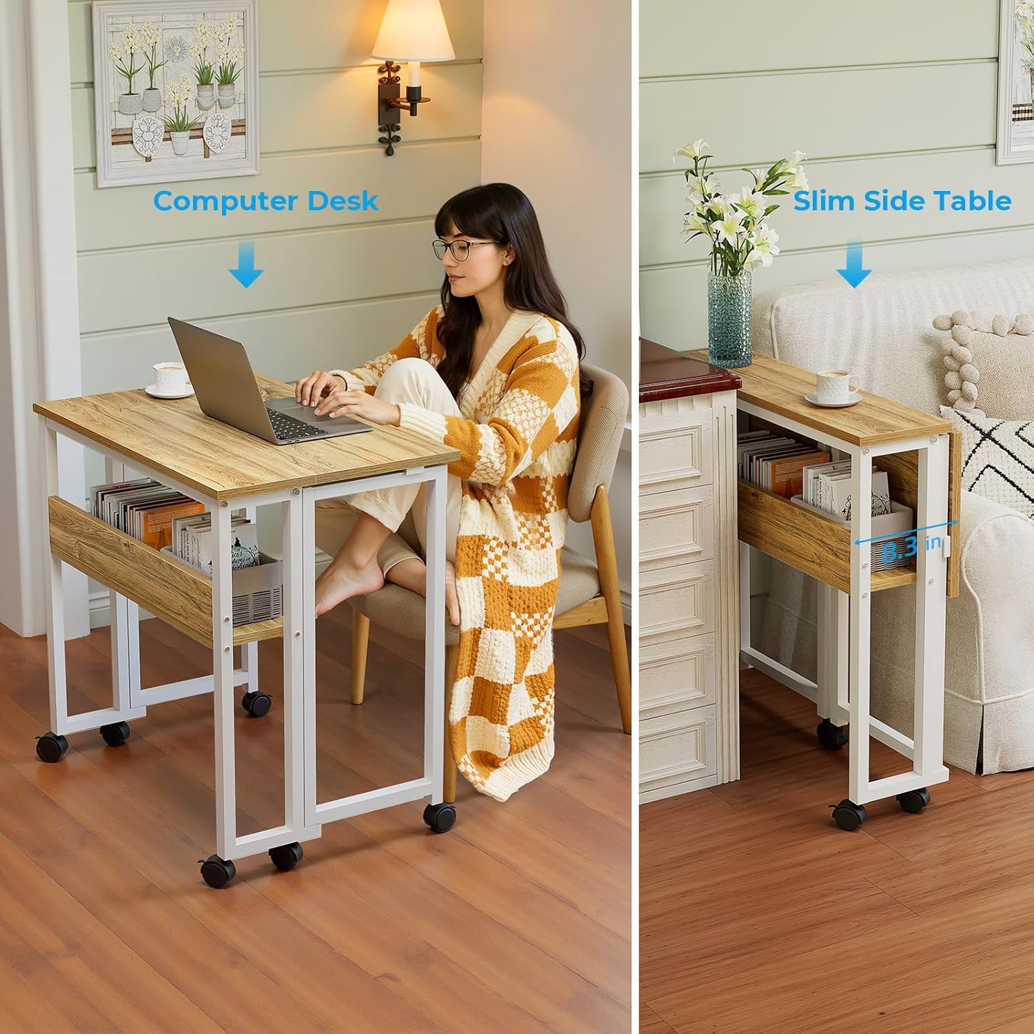 GreenForest Kleiner Klappschreibtisch, 63 cm Klappschreibtisch mit Rollen, einfache Montage, Klappschreibtisch mit Stauraum, Home-Office-Klapptisch, Beige – Bild 6