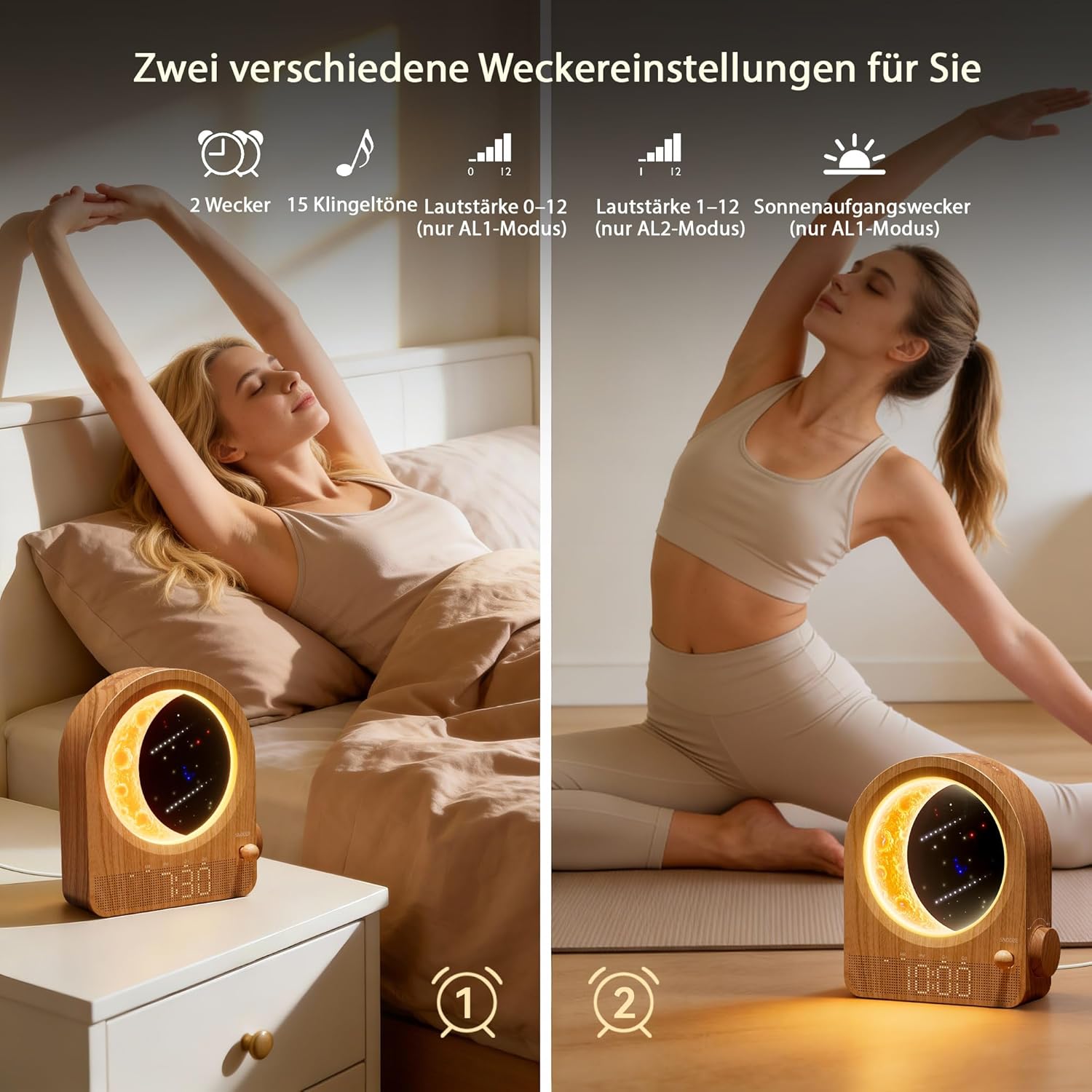 blonbar Wecker & Mondlampe, Nachttischlampe mit Lichtwecker, Tageslichtwecker, Nachtlicht mit 3 Helligkeitsstufen, 10 Naturgeräuschen, ideal für Schlafzimmer – Bild 5