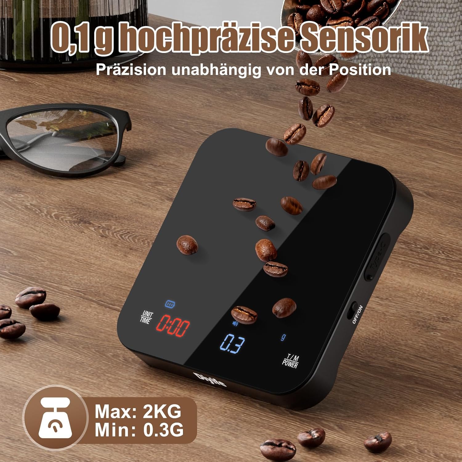 Diyife Digitale Mini-Kaffeewaage mit Timer, 0,1 g hochpräzise wiederaufladbare tragbare Espressowaage, dreiteiliges Display, selbststartend, lautlos und Signalton, für Übergießen, Espresso – Bild 4