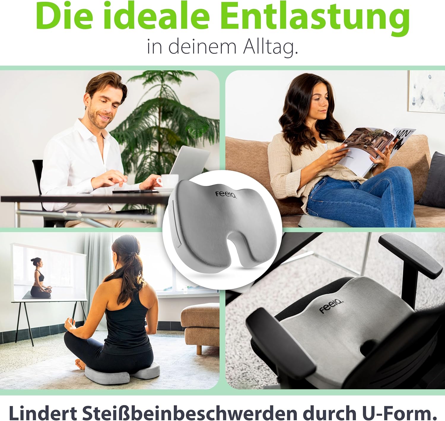 Feela.® Orthopädisches Sitzkissen, 3 Härtegrade, ergonomisches Sitzkissen für Bürostuhl etc., lindert Schmerzen, erhöht den Sitzkomfort, fördert die Durchblutung und entlastet das Steißbein, weich – Bild 5