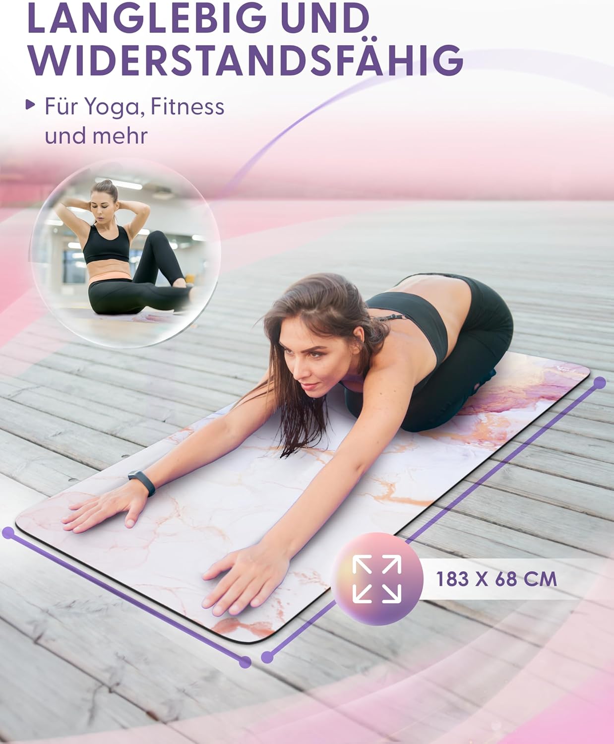 Fitnessmatte, Yogamatte, Gymnastikmatte, 183 cm x 68 cm x 4 mm, aus umweltfreundlichem Naturkautschuk und rutschfest mit Design und Tragegurt. – Bild 5