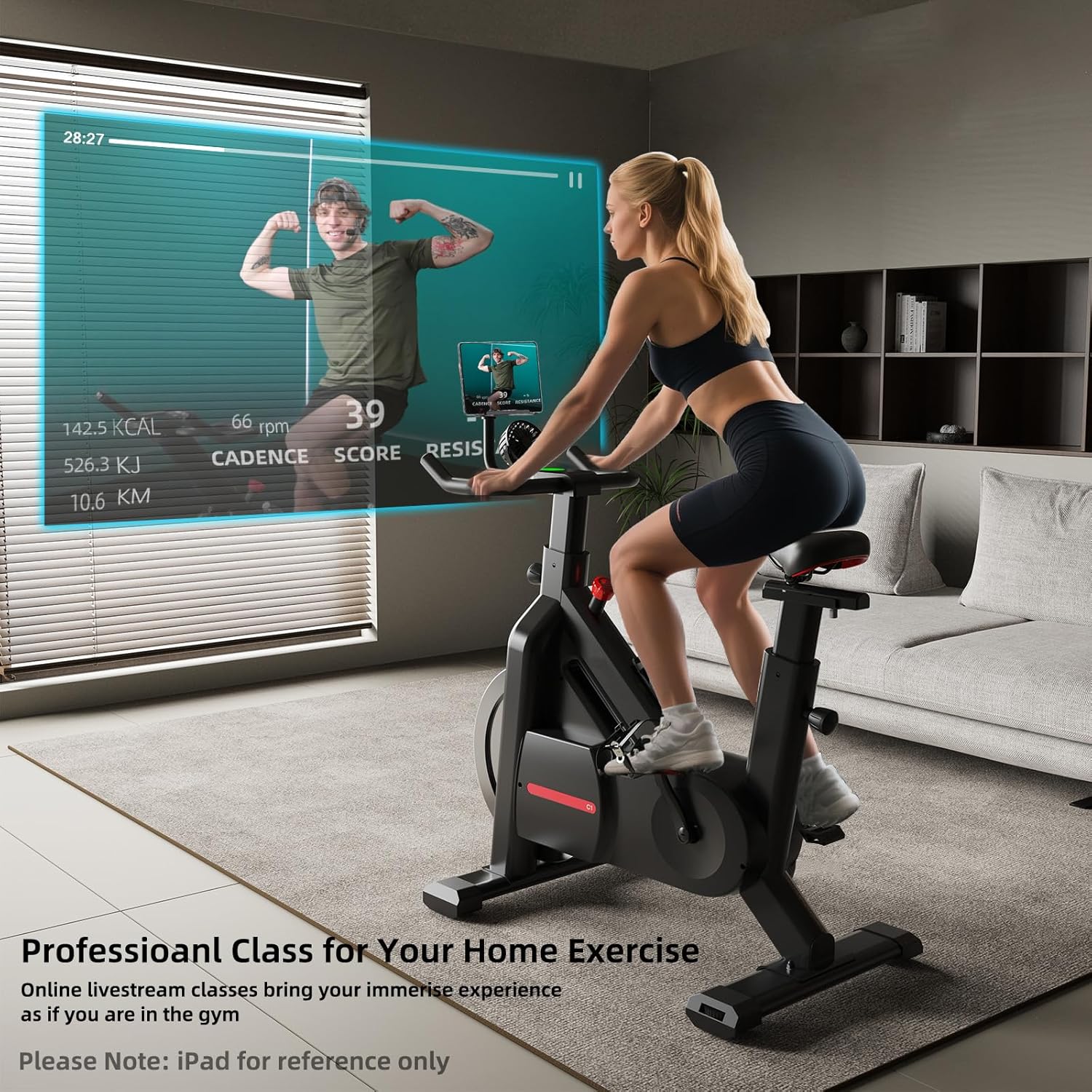 Bluearth Heimtrainer mit autarkem Ventilator und dynamischen LED-Lichteffekten, professionellen Livestreaming-Kursen, intelligenter exklusiver App, 300 lbs magnetischem Widerstand, stationär – Bild 5