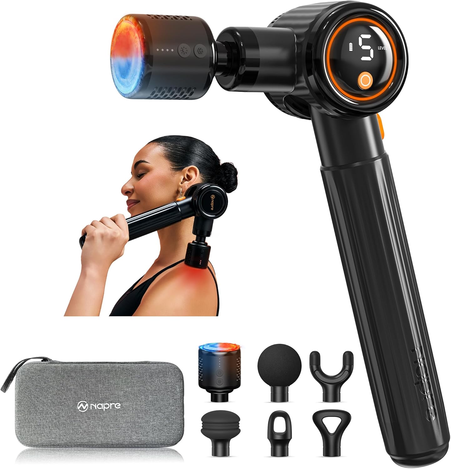NAPRE Massagepistole mit Wärme und Kälte, Massagepistole mit Verlängerungsgriff, verstellbare Winkel, Muskel-Percussion-Massagegerät für Rücken, Nacken, Körperentspannung, 6 Köpfe und Koffer