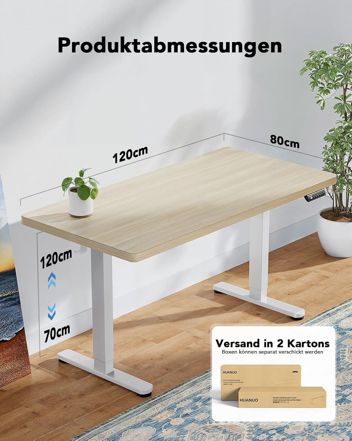 HUANUO Höhenverstellbarer Schreibtisch, 120 x 80 cm, 25 mm, ganze Tischplatte mit bürstenlosem Motor, ergonomischer Schreibtisch, höhenverstellbar, einfache Montage, elektrischer Stehschreibtisch für das Heimbüro – Bild 6