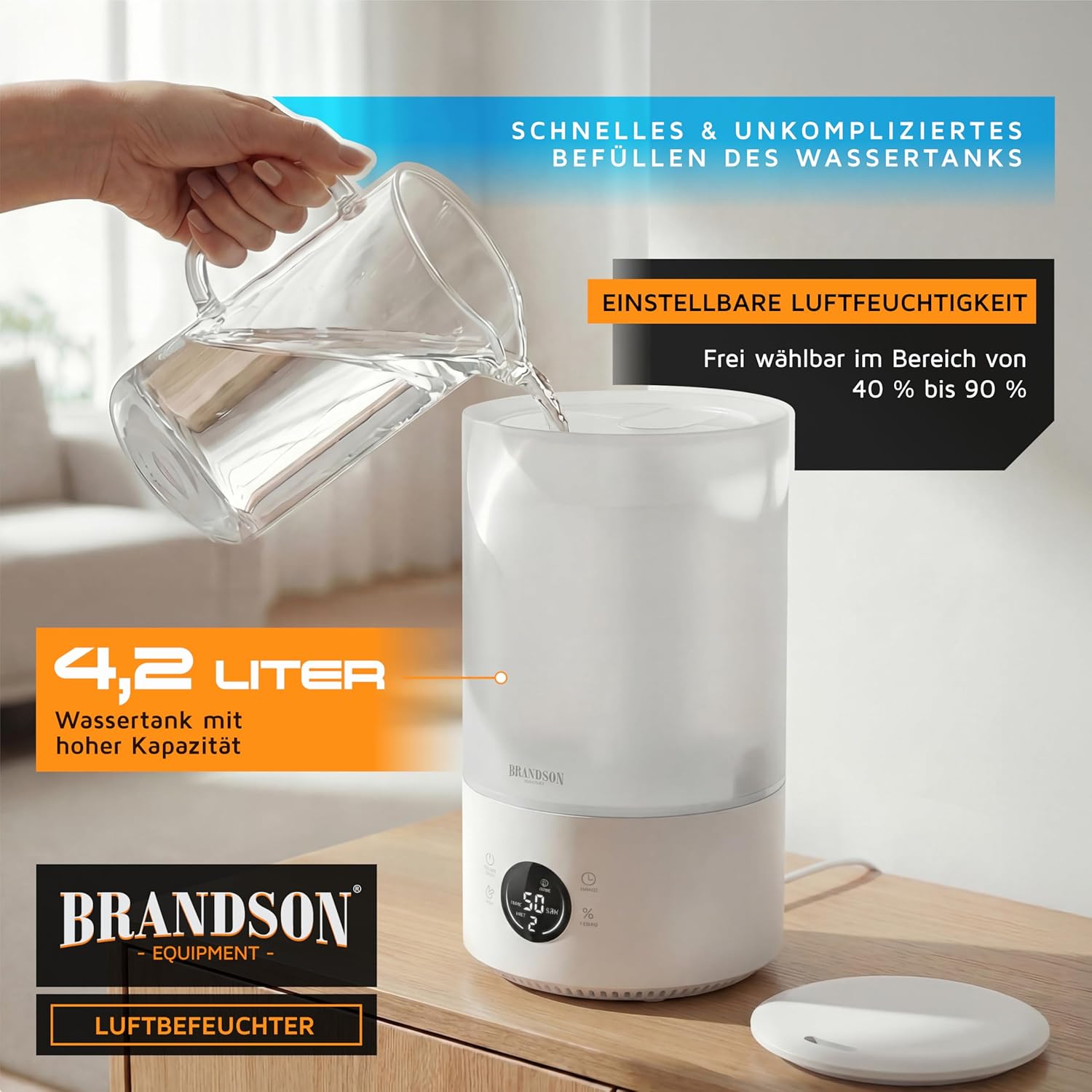 Brandson – Digitaler Luftbefeuchter mit Display – mit Fernbedienung – 4,2 Liter – Timer – 3 Nebelstufen – Schlaffunktion sehr leise – Schlafzimmer, Baby, Kinderzimmer, Büro – Bild 4