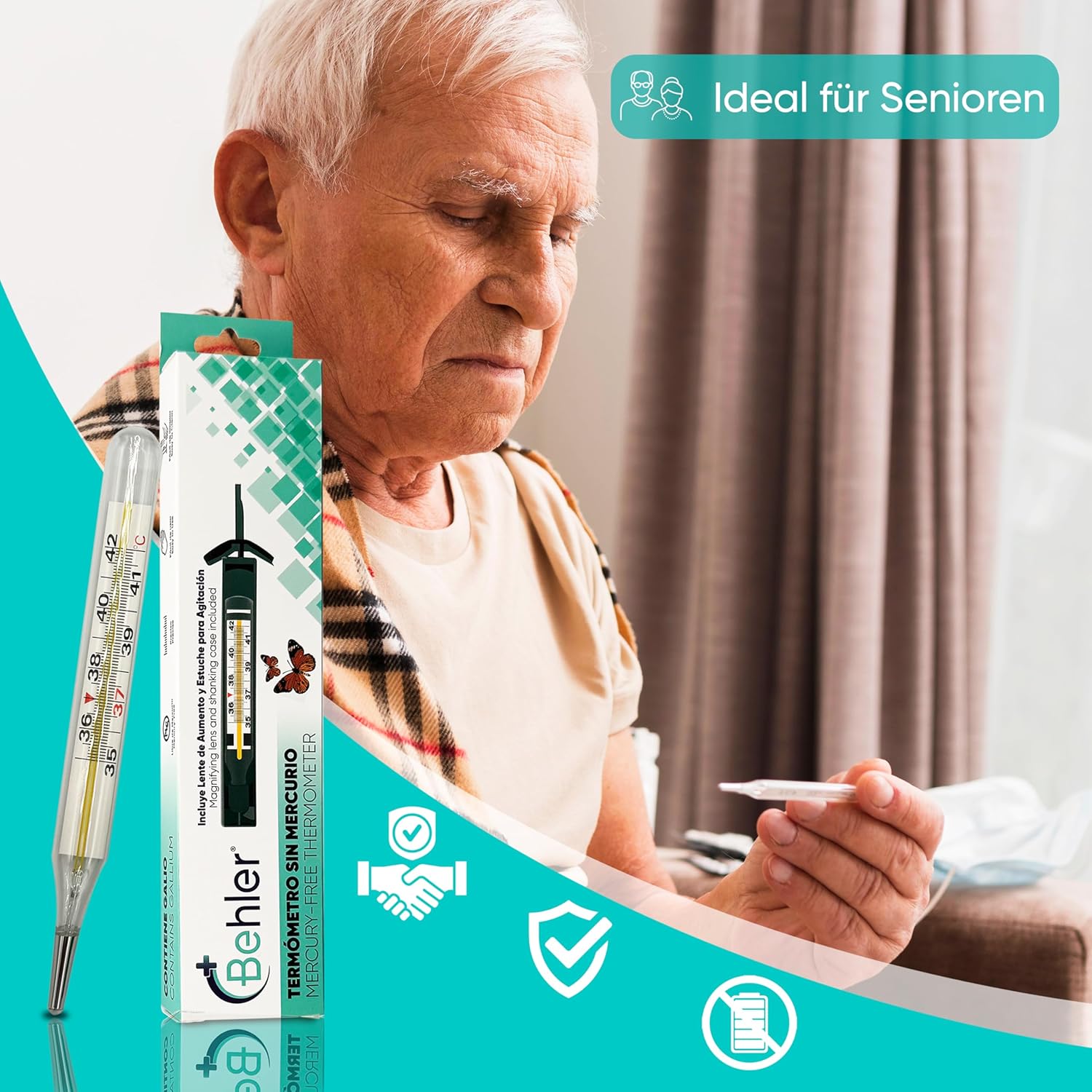 Behler – Analoges Fieberthermometer – sicher und präzise, quecksilberfrei – Thermometer – für Kinder und Erwachsene – mit Lupe und Schütteletui – für den Heim- und Klinikgebrauch – Bild 7