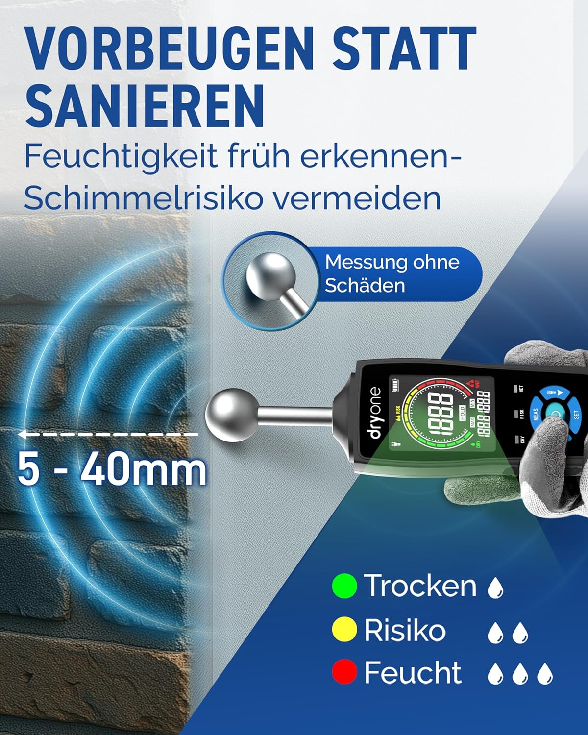 DryOne DetectX Feuchtigkeitsmessgerät für Wand, Holz, Mauerwerk, Estrich & Beton – Zuverlässige Messung & einfache Bedienung – Feuchtigkeitsmessgerät & Wandfeuchtemessgerät gegen Schimmel & Schäden – Bild 2