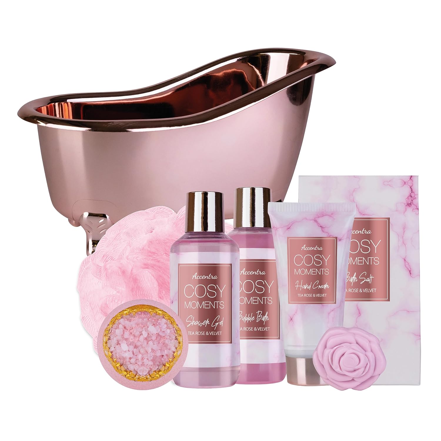 Accentra Cozy Moments Badeset, Geschenkset für Frauen mit 150 ml Duschgel, 150 ml Schaumbad, 150 g Badesalz, 90 g Badebombe, 60 ml Handcreme, 30 g Seife und 15 g Netzschwamm in glänzender Badewanne – Bild 2
