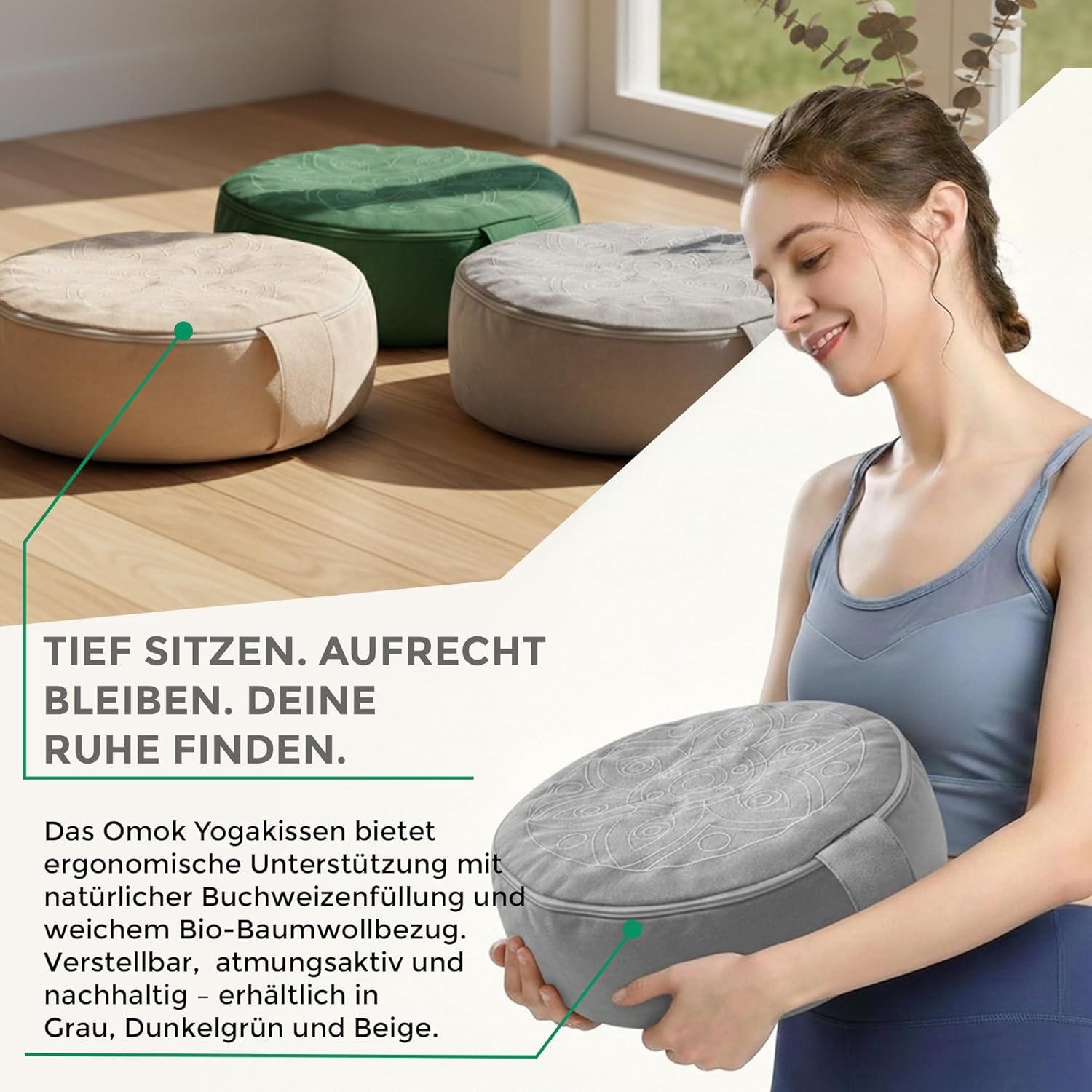 Omok Ergonomisches Yogakissen für Meditation & Entspannung, abnehmbares & waschbares rundes Sitzkissen mit Buchweizenfüllung, nachhaltiges Boden- & Sitzkissen (Grau, 35 x 13 cm) – Bild 5