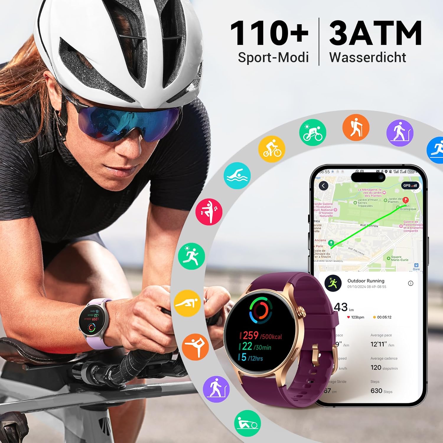 Runde Smartwatch für Damen mit Telefonfunktion, 1,32 Zoll AMOLED-Display, Fitnessuhr mit 110+ Sportmodi & 3ATM, Fitness-Tracker für iPhone/Android, Schrittzähler mit Herzfrequenzmesser, SpO2, Schlafmonitor, Lila – Bild 5