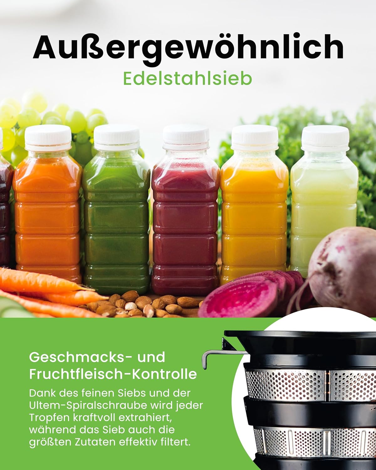 Hurom Slow Juicer | Entsafter für Gemüse und Obst | H320N | Elektrische Kaltpresse | Leiser Motor | Leicht zu reinigen mit großem Behälter und Siebfilter 2 L | 200 Watt | BPA-frei | Dunkelgrün – Bild 3