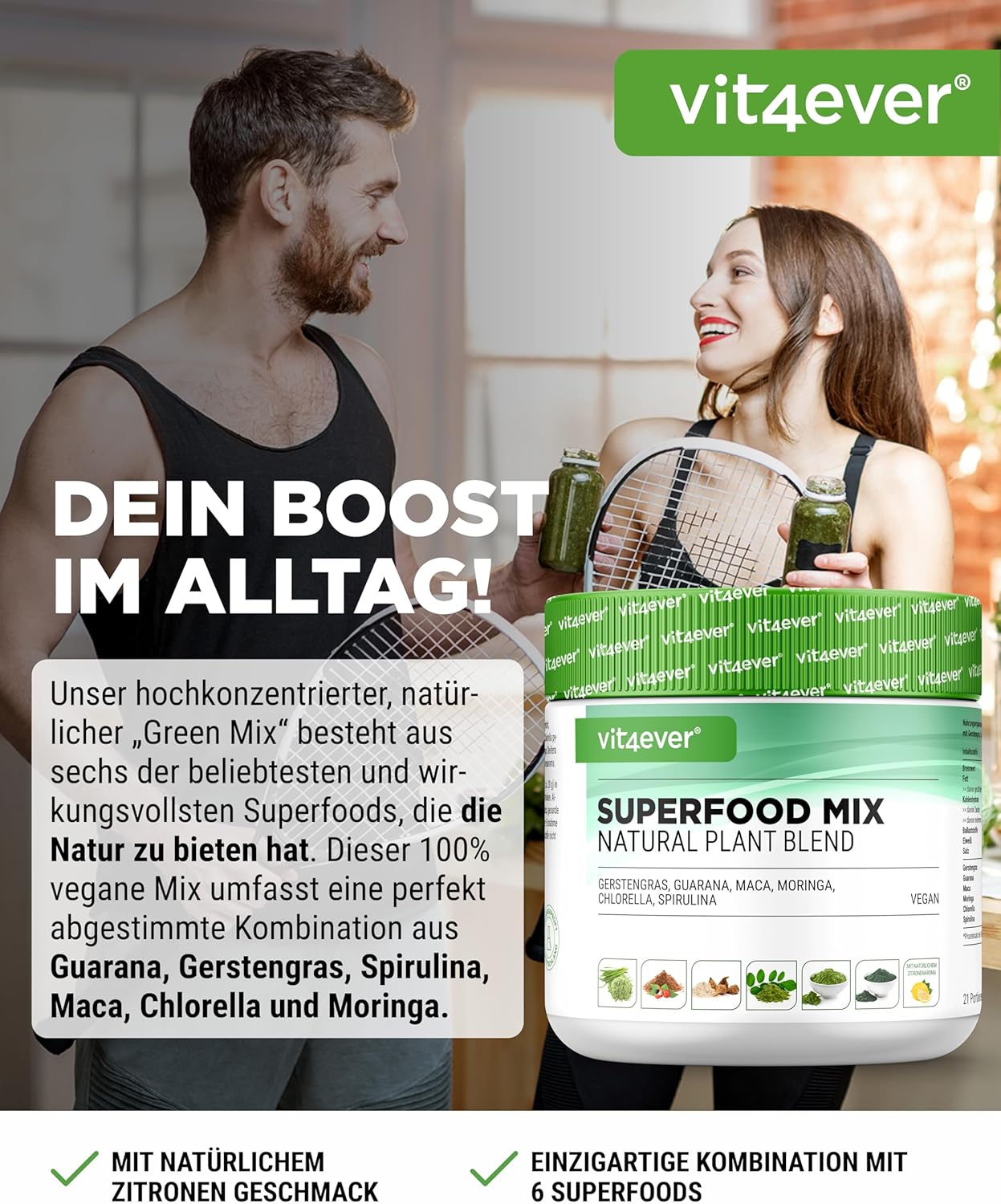 vit4ever Superfood Mix Pulver – 420 g mit 6 Superfoods (Gerstengras, Spirulina, Chlorella, Moringa, Maca & Guarana) – natürliches Zitronenaroma – Bild 2