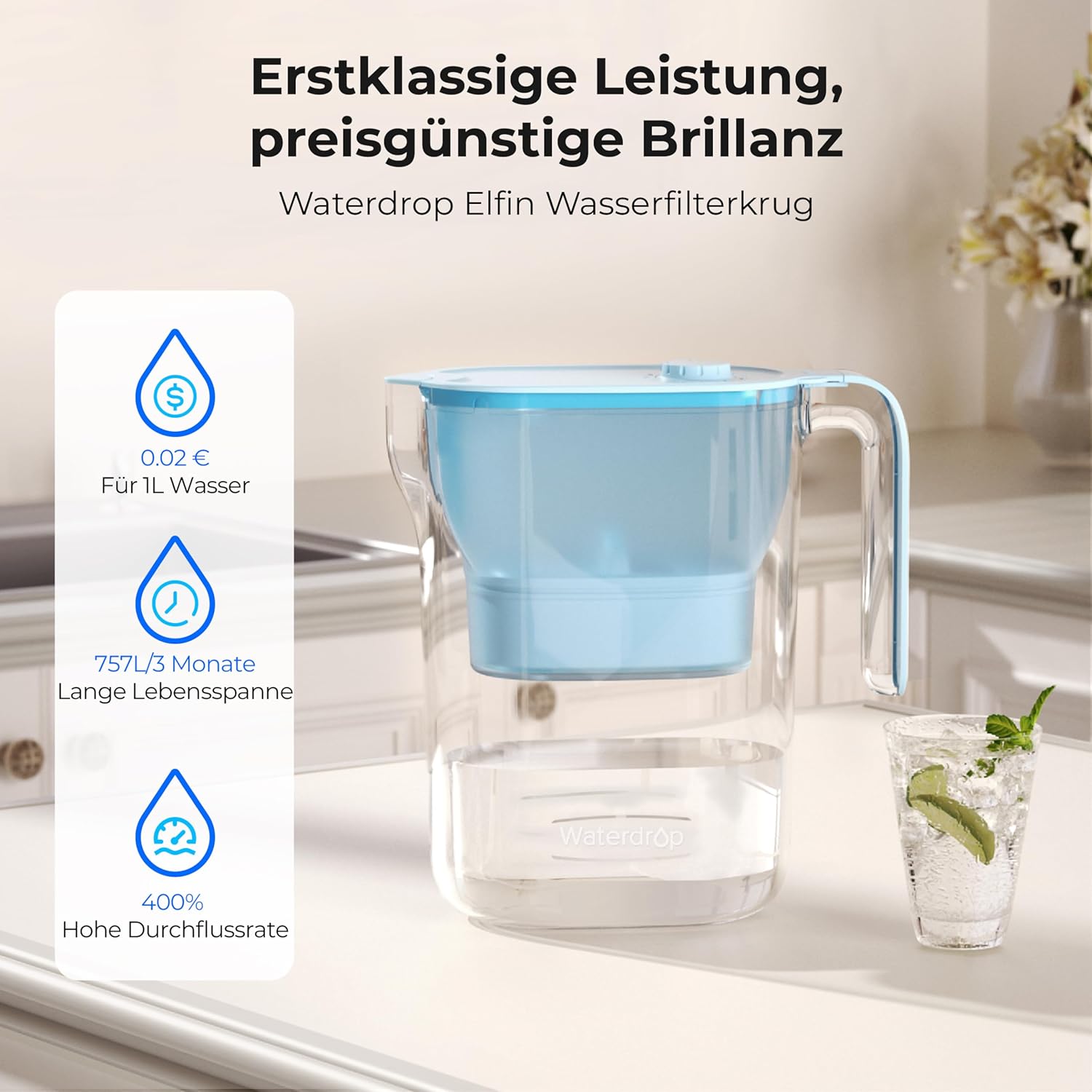 Waterdrop Wasserfilterkanne, Kühlschrank-Wasserfilterkanne mit 3-Monats-Filter, 2,5 l, reduziert Fluorid, Chlor und mehr, NSF-zertifiziert, BPA-frei, blau (Ersatzfilter: WD-PF-01A Plus) – Bild 9