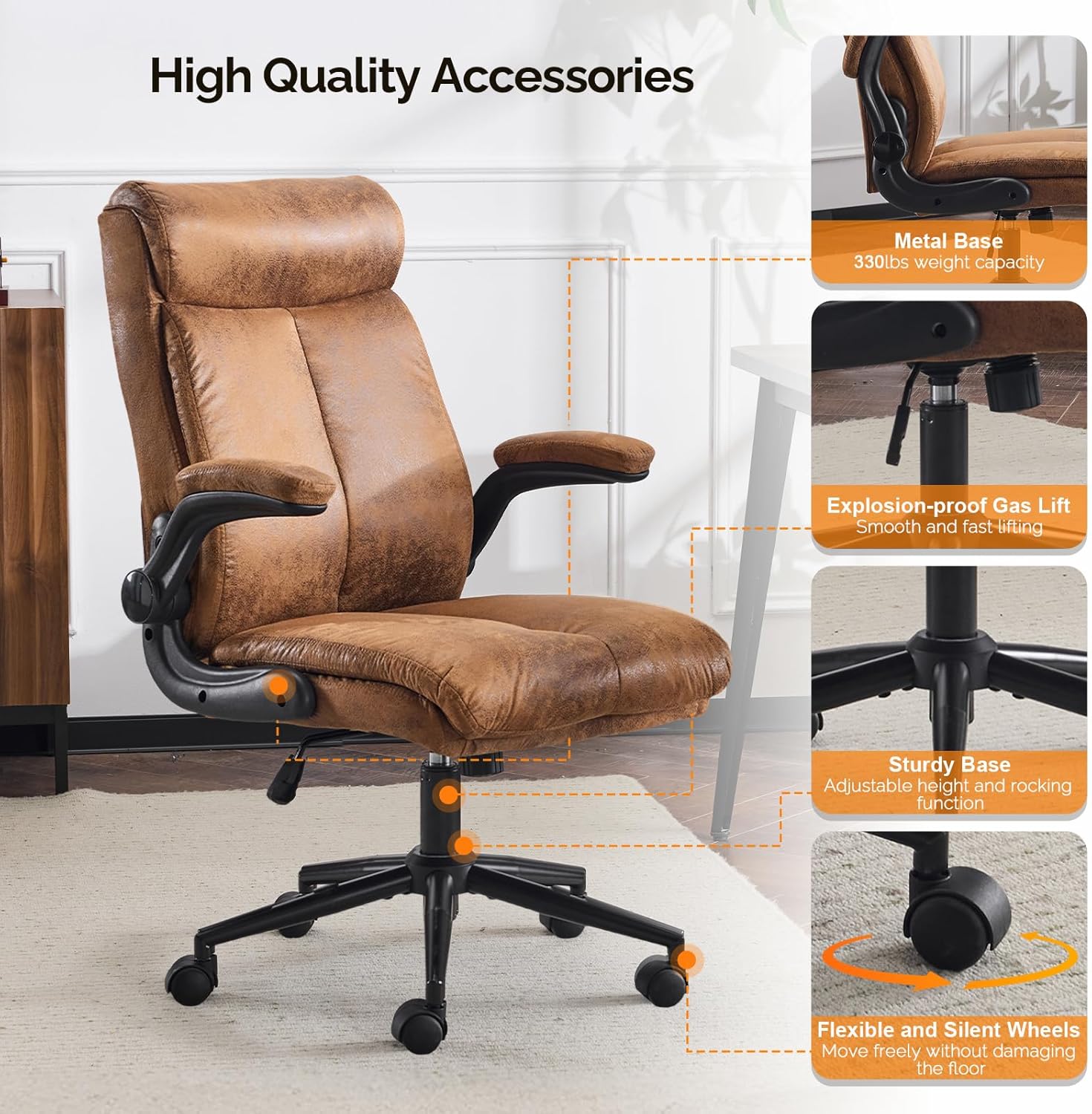 Bonnlo Ergonomischer Bürostuhl, Schreibtischstuhl mit hochklappbarer Armlehne, Computerstuhl, Drehstuhl, Wippfunktion 105°-120°, höhenverstellbar, drehbar, 150 kg belastbar (Mikrofaser, Braun) – Bild 6