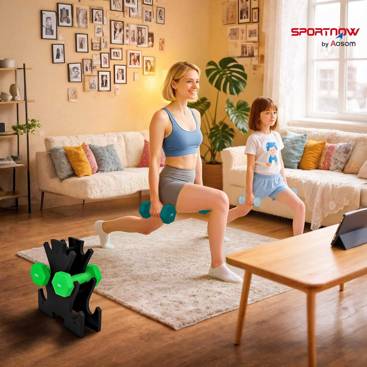 SPORTNOW Hantelset 2 x 1 kg, 2 x 3 kg, 2 x 5 kg mit Hantelständer, 6 Hanteln aus Metall für Gymnastik, Fitness, Zuhause – Bild 2