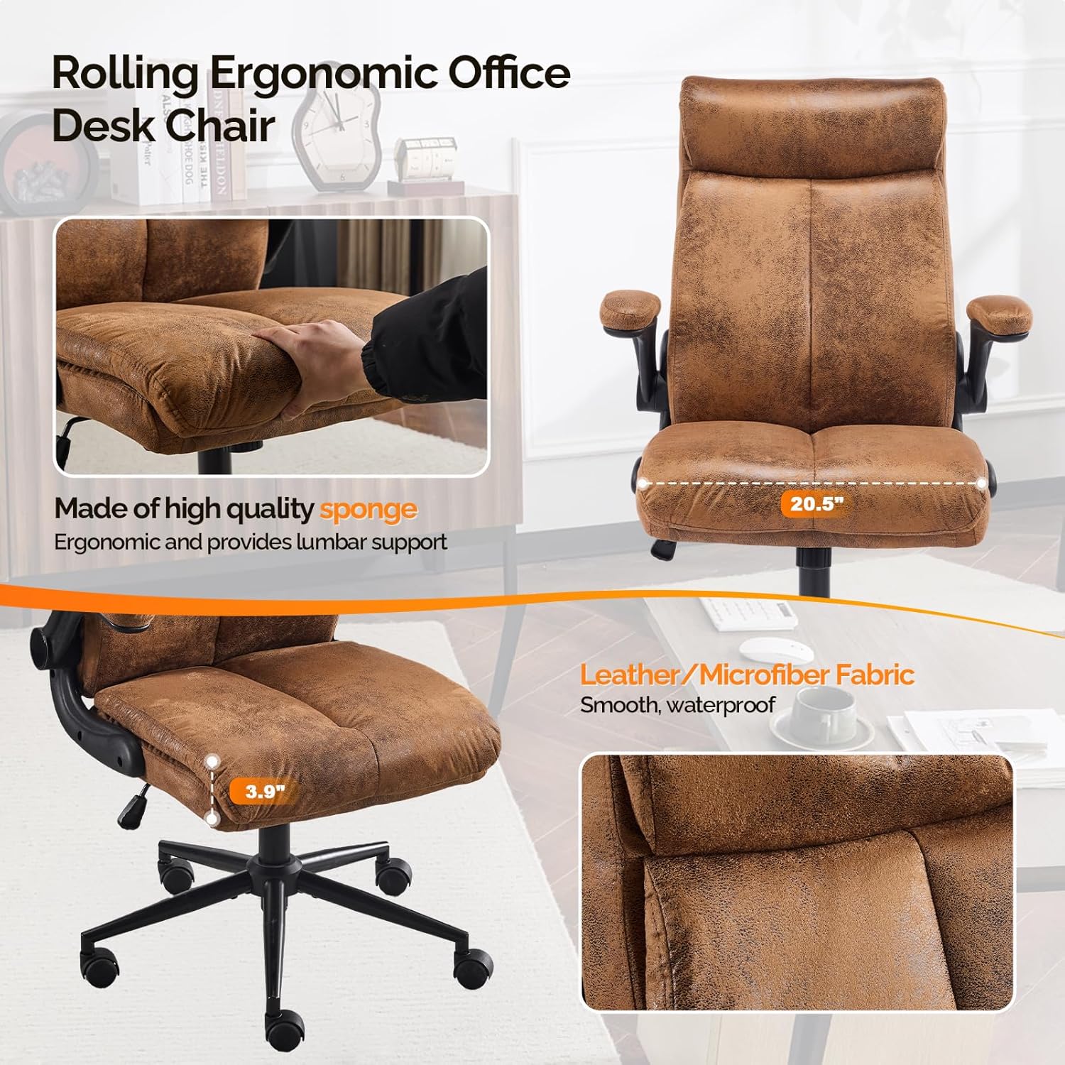 Bonnlo Ergonomischer Bürostuhl, Schreibtischstuhl mit hochklappbarer Armlehne, Computerstuhl, Drehstuhl, Wippfunktion 105°-120°, höhenverstellbar, drehbar, 150 kg belastbar (Mikrofaser, Braun) – Bild 5