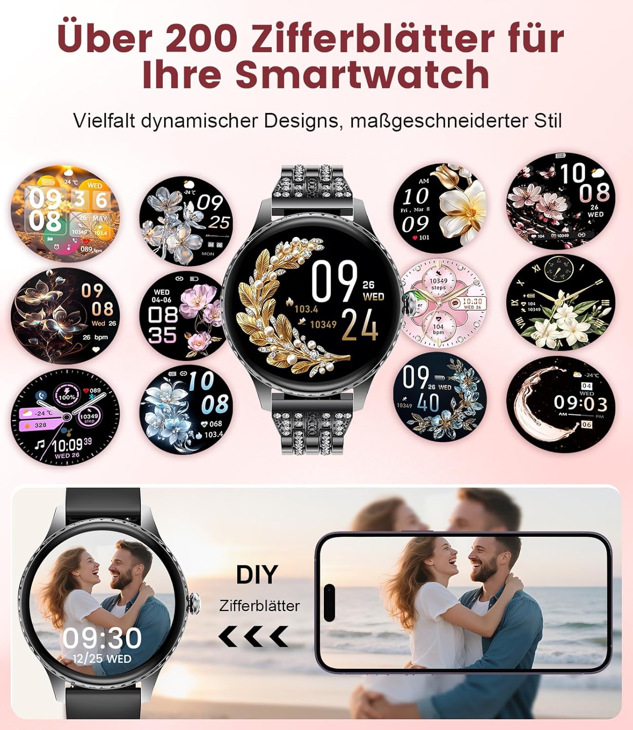 Damen-Smartwatch – luxuriöses Metallarmband mit Strasssteinen/1,32 Zoll HD AMOLED-Display/270+ Zifferblätter, Fitnessuhr mit über 110 Sportmodi, Schlaf-Tracking, Telefonfunktion, Uhr für iOS Android – Bild 4