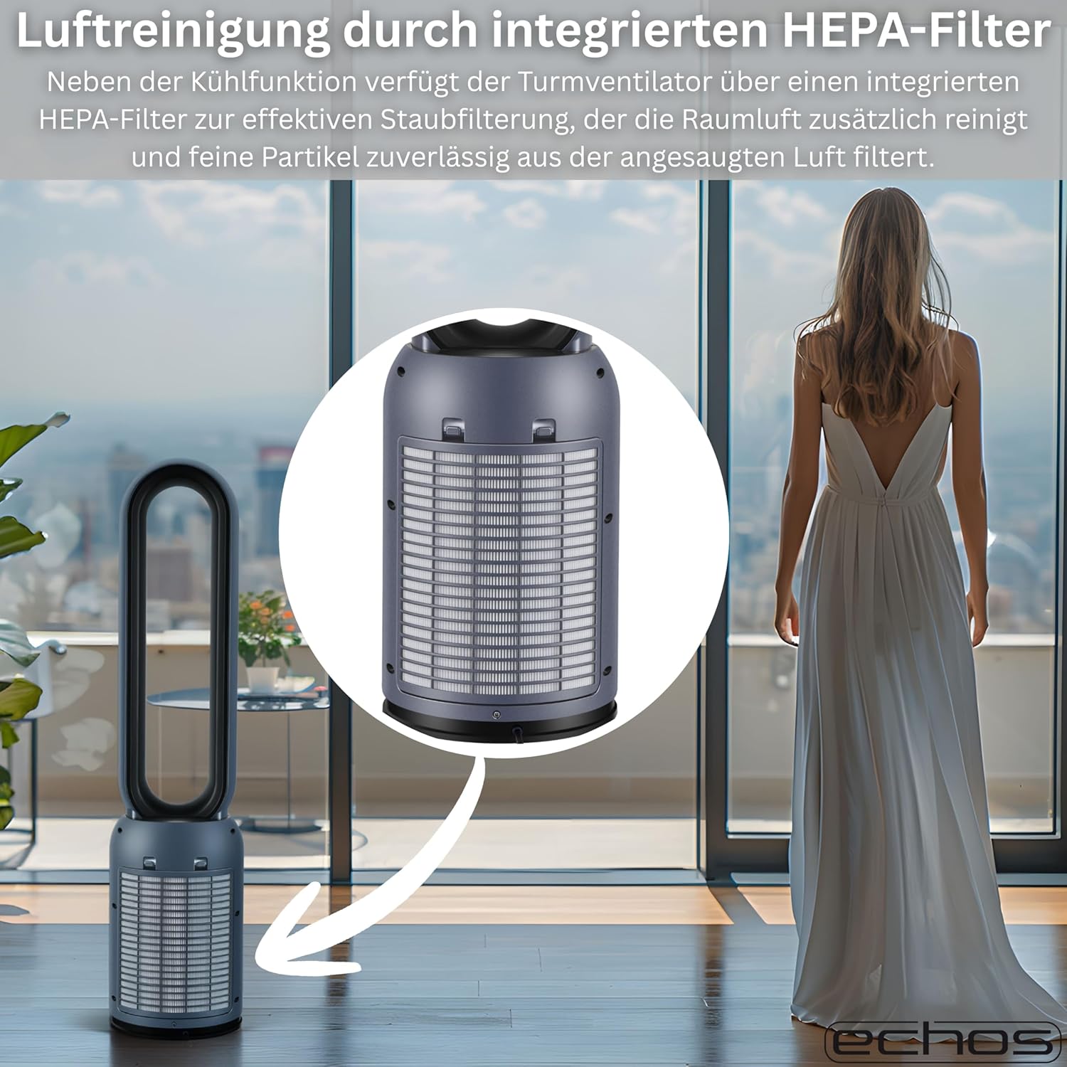 Echos Turmventilator, sehr leiser Standventilator, energiesparender Standventilator mit Fernbedienung, Ventilator mit Kühlung, oszillierender 24-Stunden-Timer, Luftreiniger mit hohem Luftdurchsatz und HEPA-Filter – Bild 4