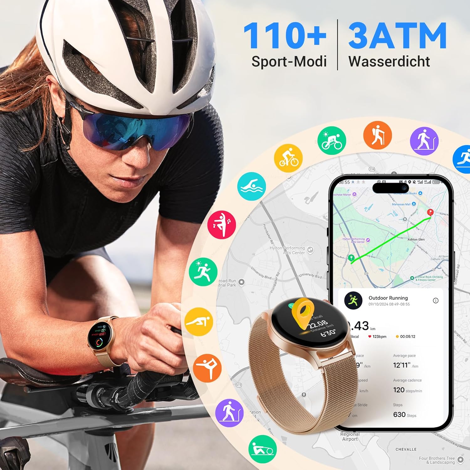 Smartwatch Damen Herren rund mit Telefonfunktion 1,32 Zoll AMOLED Display, Fitnessuhr mit 110+ Sportmodi & 3ATM, Uhren Damen Herren für iOS/Android Schrittzähler mit Herzfrequenzmesser Schlafmonitor Gold – Bild 6