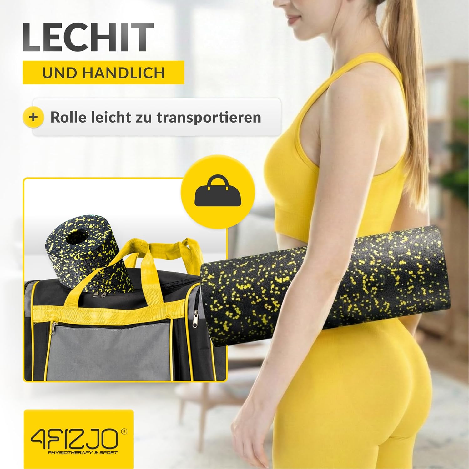 4FIZJO Faszienrolle Schaumstoff, Durchmesser 14,5 cm, Länge 45 cm, Massagerolle, Rückenrolle, Fitnessrolle, leicht, hart, Schaumstoffrolle, Faszientraining, Massagetraining, Schwarz/Gelb – Bild 9
