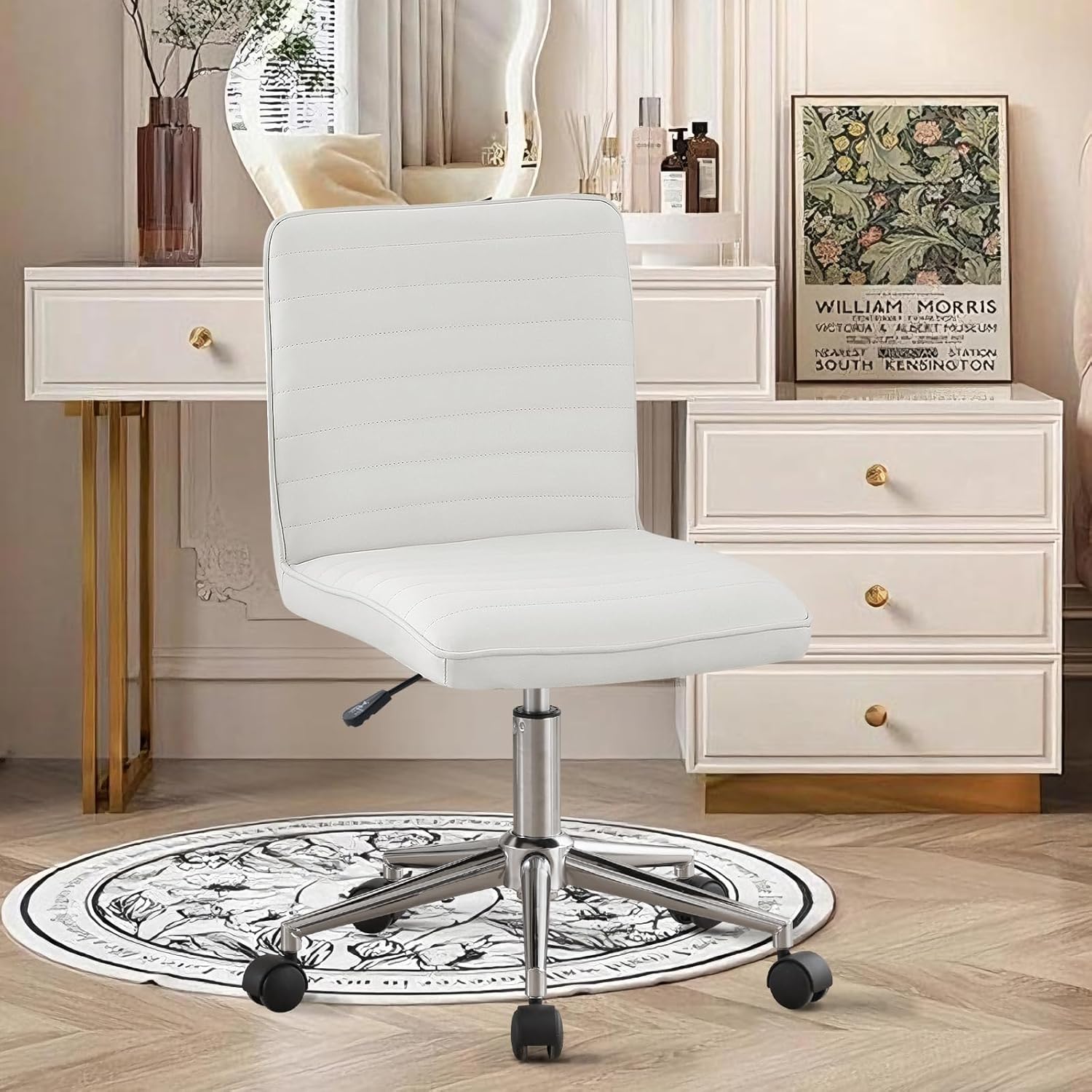 Hellove Bürostuhl, Schreibtischstuhl, ergonomischer PU-Leder-Drehstuhl ohne Armlehnen, höhenverstellbar, Home-Office-Stuhl, 360° drehbar, für Arbeitszimmer, Büro, Wohnzimmer, Schlafzimmer, Weiß