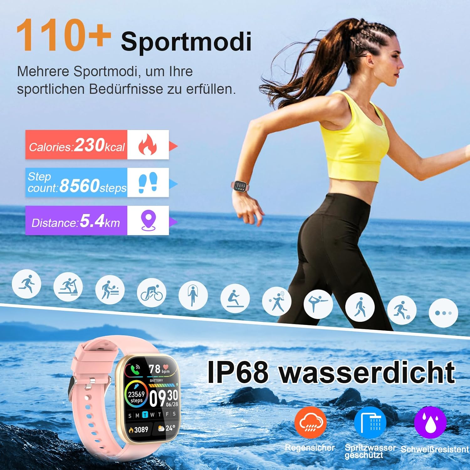 Smartwatch Damen Herren, 1,85 Zoll Touchscreen Smartwatch mit Anrufen, 112 Sportmodi, Fitnessuhren mit Herzfrequenzmesser/Schlafmonitor/Schrittzähler, IP68 wasserdichte Sportuhren für Android, Pink – Bild 3