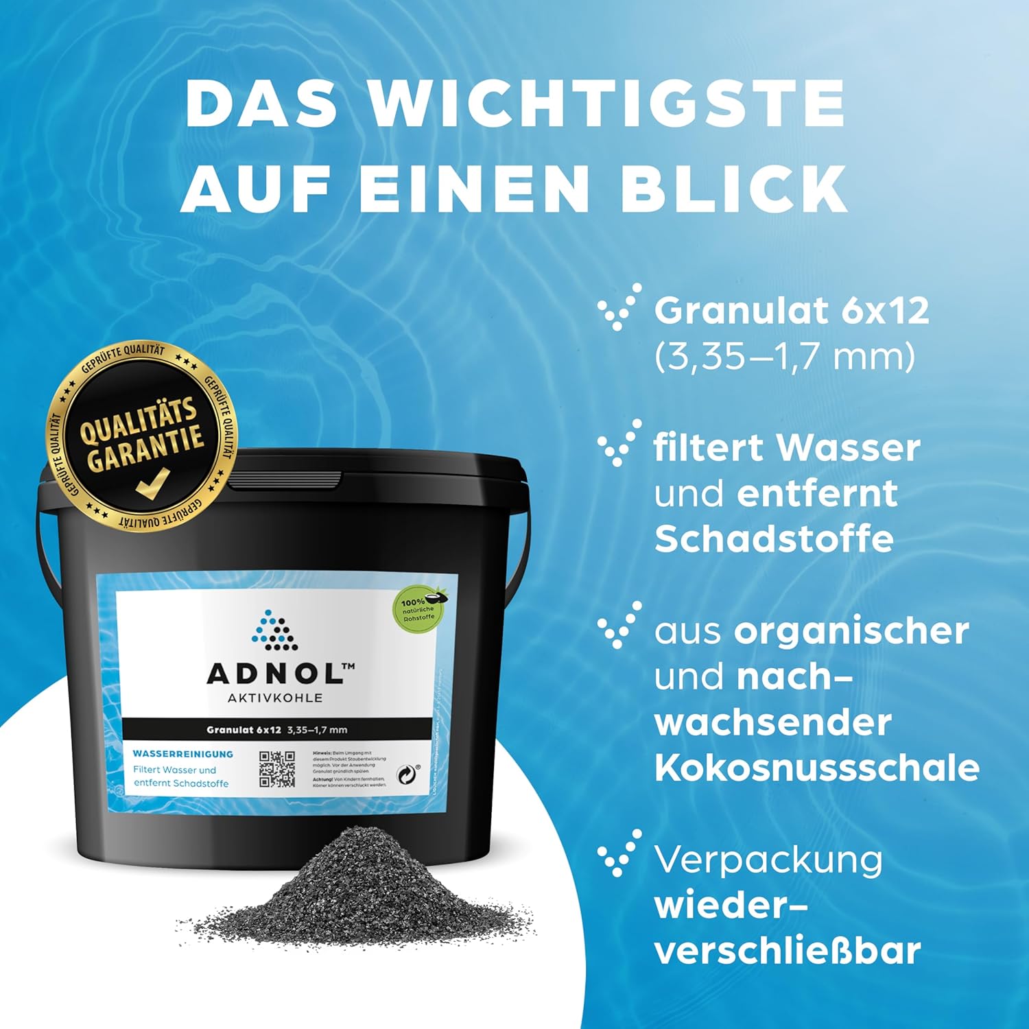 Aktivkohlegranulat 5 Liter aus Kokosnussschalen für Wasserfilter für Aquarium und Teich, Maschenweite 6 x 12, Körnung 3,35-1,7 mm, Energieklasse A, als Kohlefilter einsetzbar – Bild 2