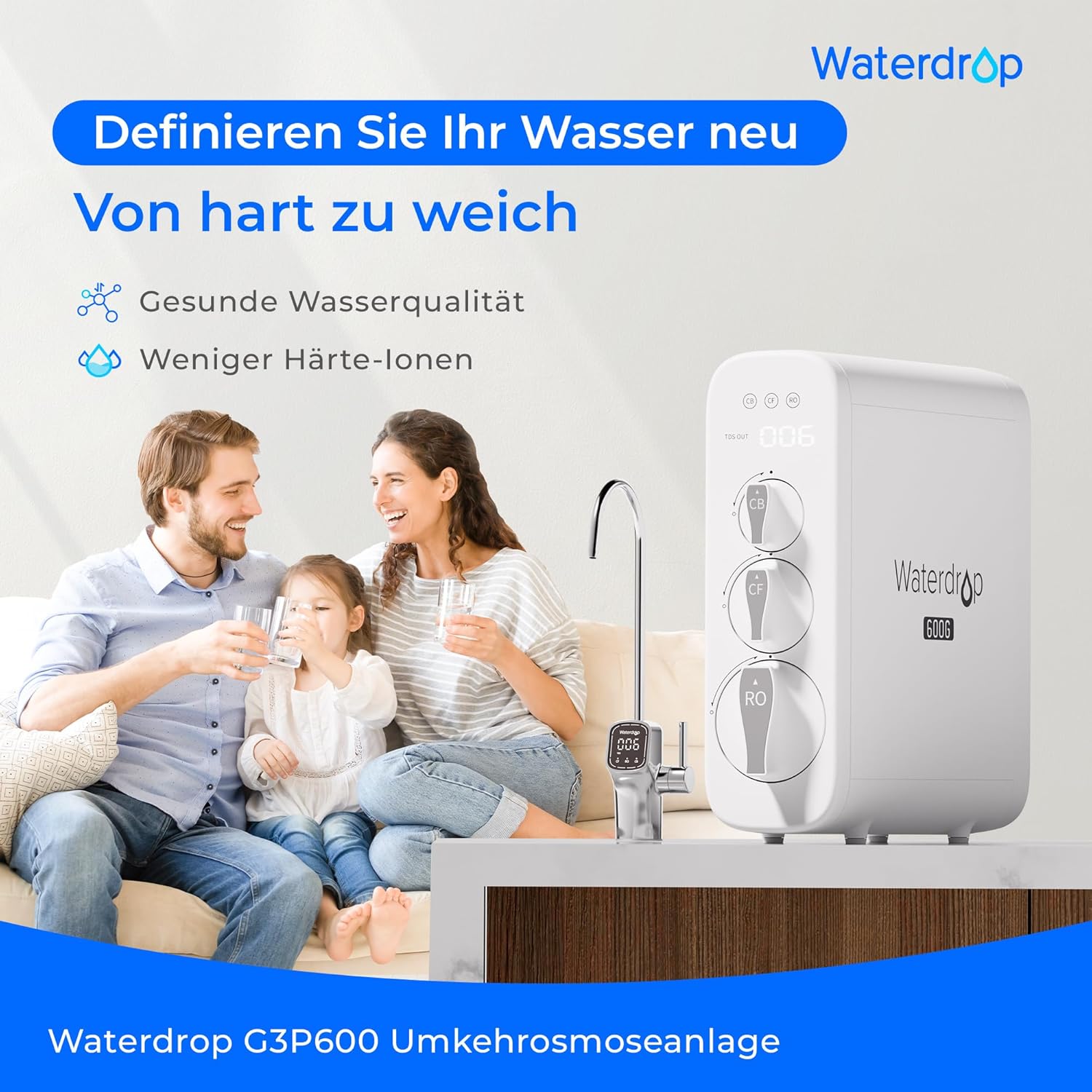 Waterdrop G3P600 Umkehrosmosesystem, 600 GPD, 8000 Liter, Entkalkungssystem, RO-System unter der Spüle, reduziert TDS, 2:1 rein für den Abfluss, intelligenter LED-Wasserhahn – Bild 2