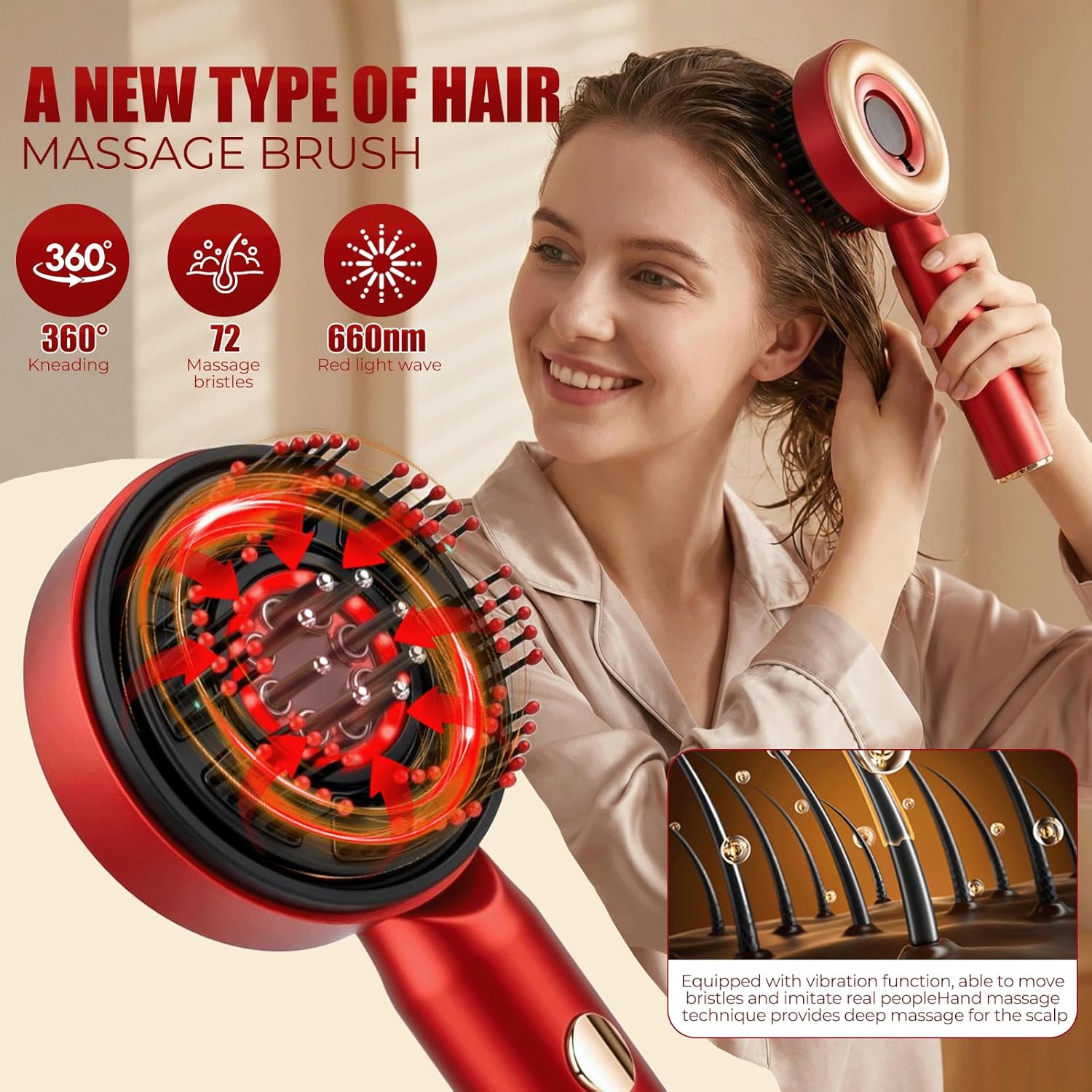 Kopfmassagegerät Elektrisch, 2 in 1 Kopfhaut Massagebürste Elektrisch mit Haaröl-Applikator, 360° Rotlicht Kopfhaut Massagegerät, 3 Modi Elektrisches Kopfmassagegerät zur Massage und Kopfhautpflege – Bild 5